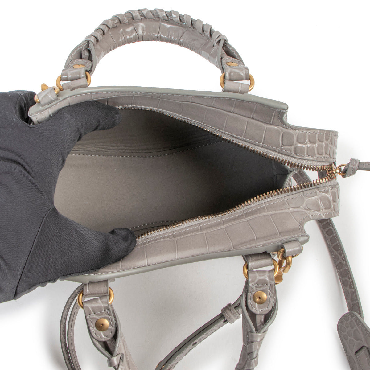 Sac à main Balenciaga Neo Classic Mini gris acier embossé croco