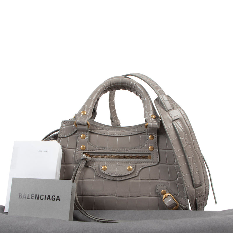 Balenciaga Neo Classic Mini Steel Grey Crocodile Embossed Handbag