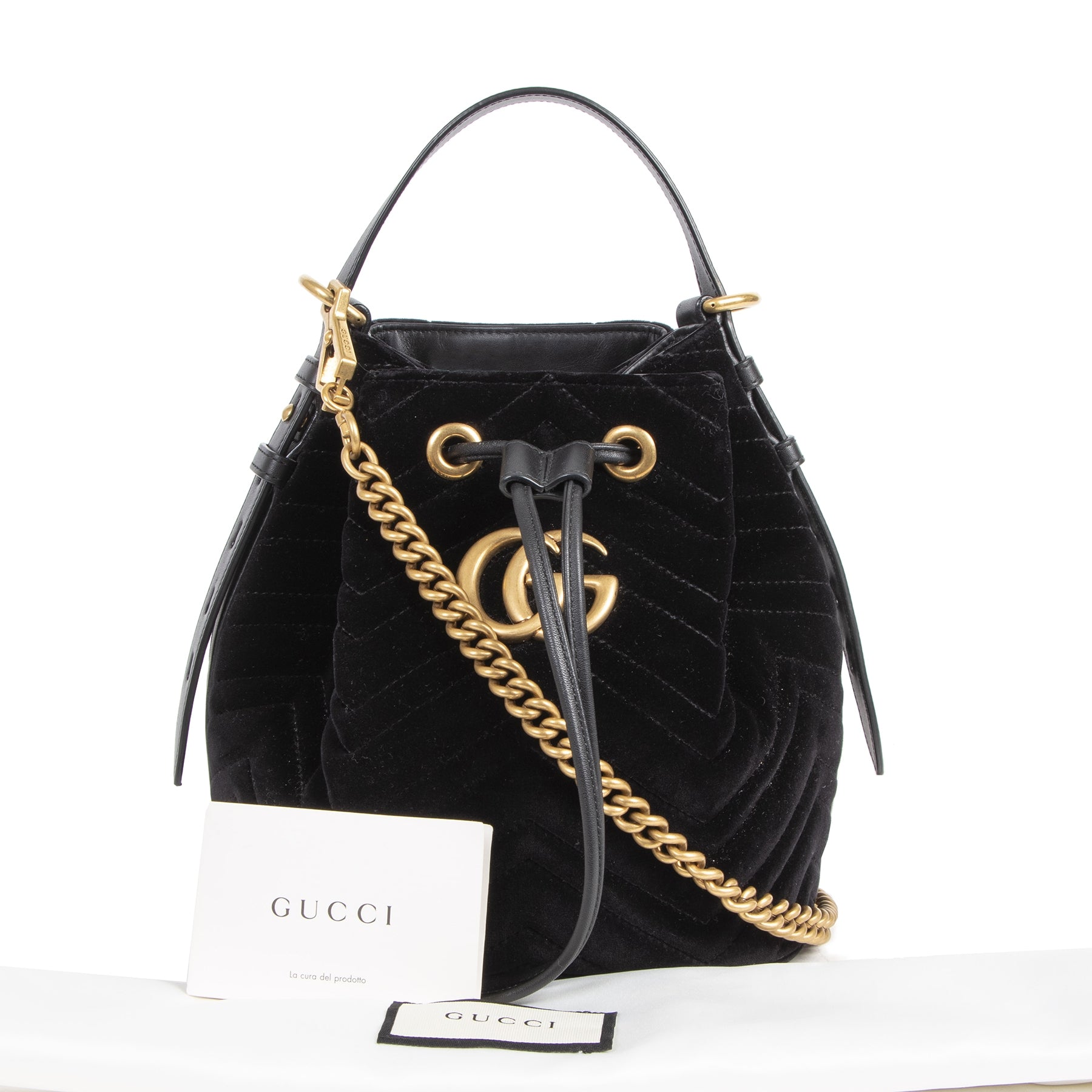 Authentieke tweedehands vintage Gucci Black Marmont Suede GG Bucket Bag koop online webshop LabelLOV