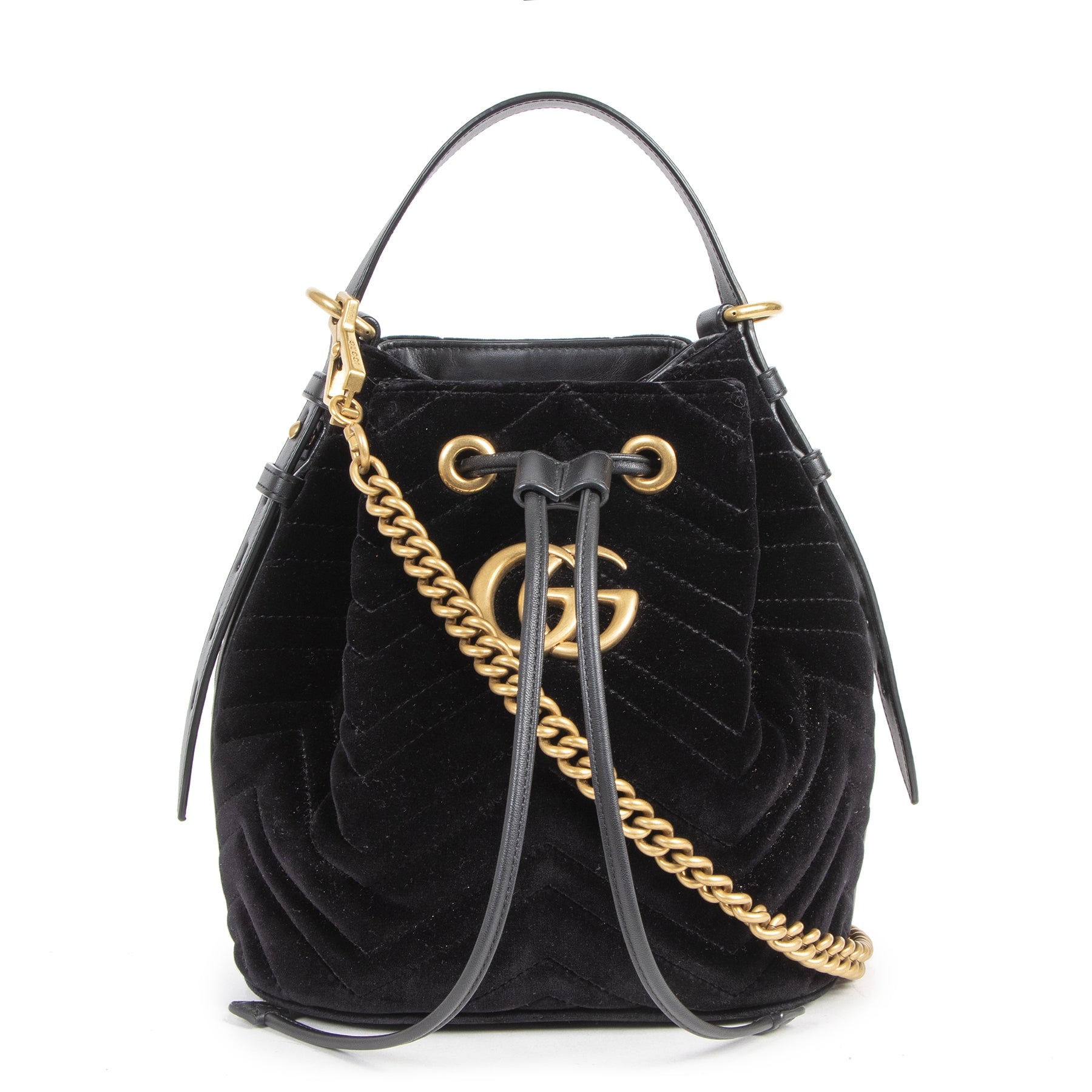 Authentieke tweedehands vintage Gucci Black Marmont Suede GG Bucket Bag koop online webshop LabelLOV