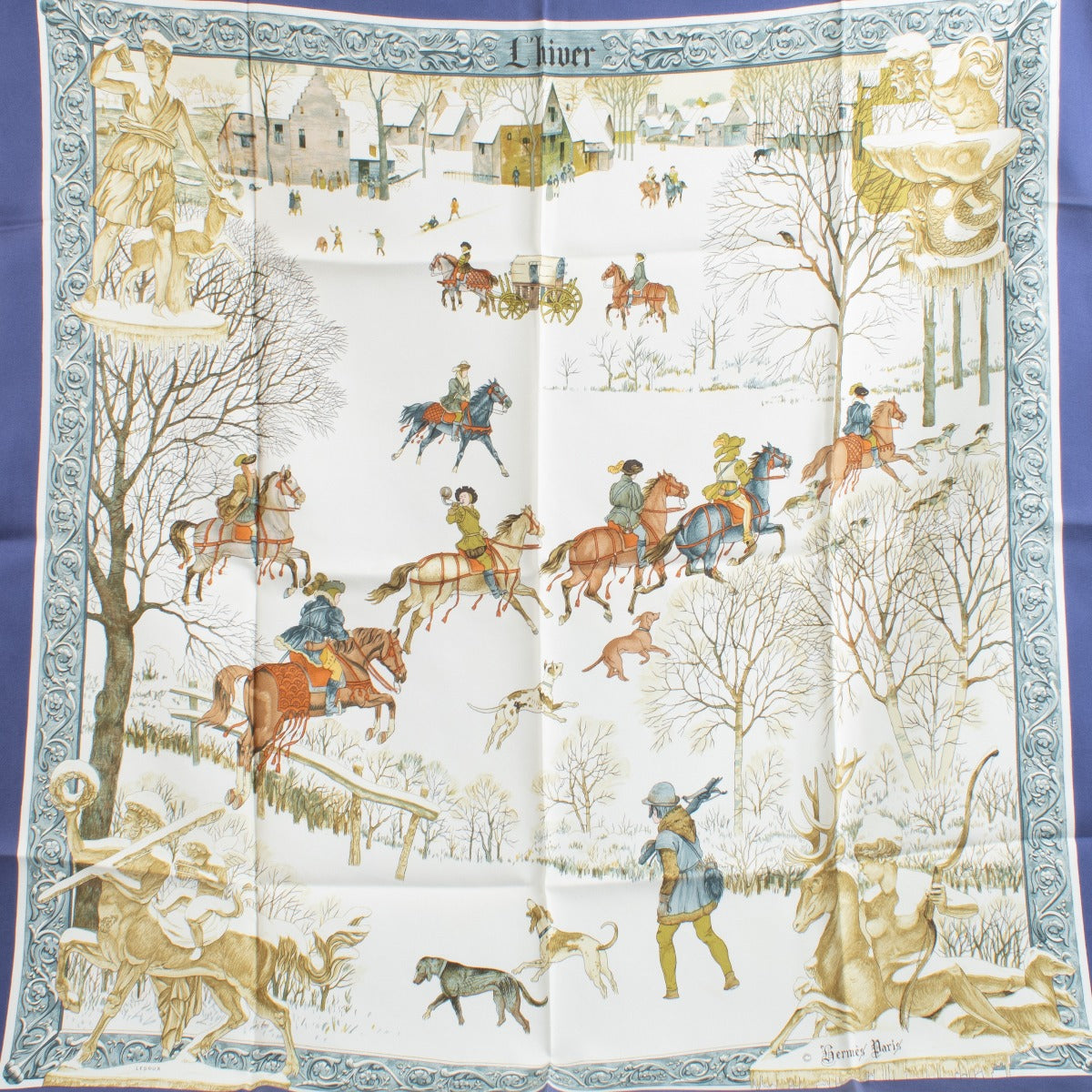 Authentic second-hand Hermès Navy Multicolor Silk L'Hiver Scarf 90 on labellov.com