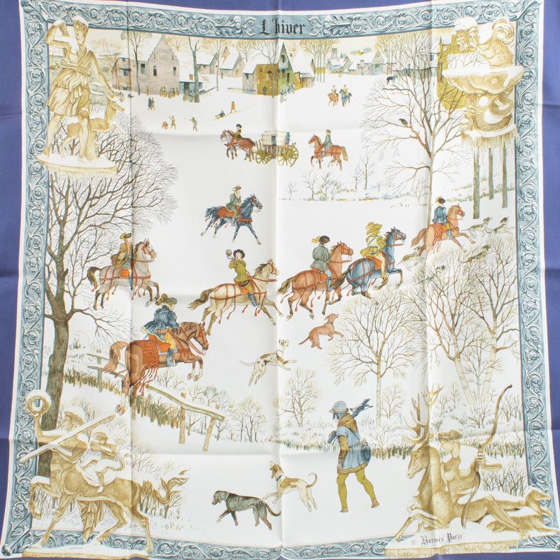 Authentic second-hand Hermès Navy Multicolor Silk L'Hiver Scarf 90 on labellov.com