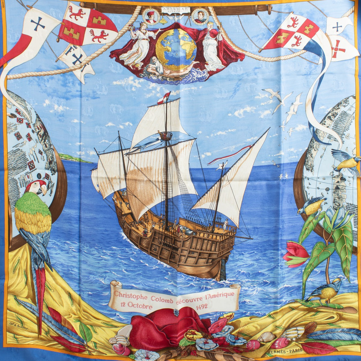 Authentic second-hand Hermès Jacquard Carré 90 Christophe Columb Découvre l'Amerique Silk Scarf on labellov.com