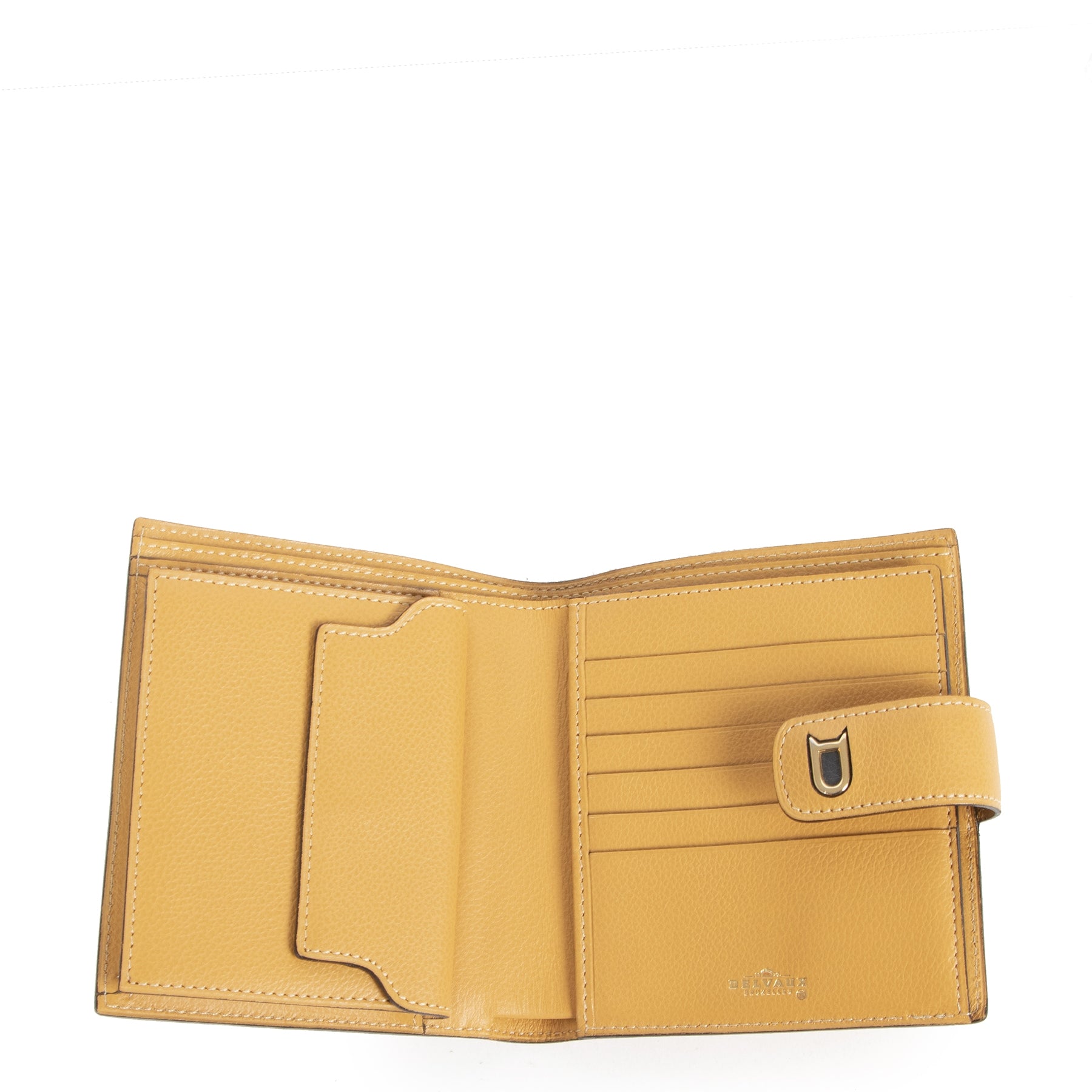 Authentieke tweedehands vintage Delvaux Ochre Leather Wallet koop online webshop LabelLOV
