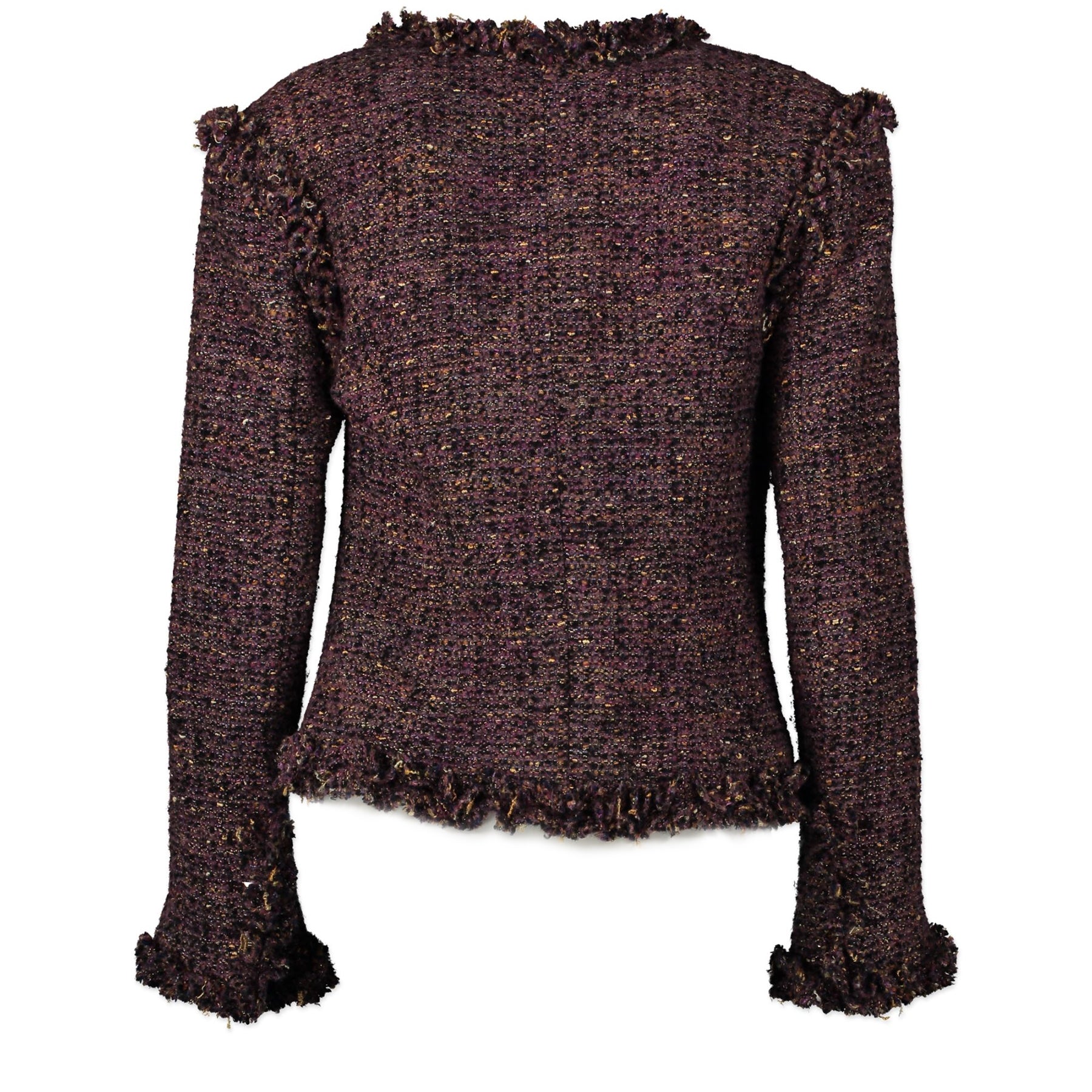 Authentieke tweedehands vintage Chanel Purple Ruffle Tweed Jacket - size 40 koop online webshop LabelLOV