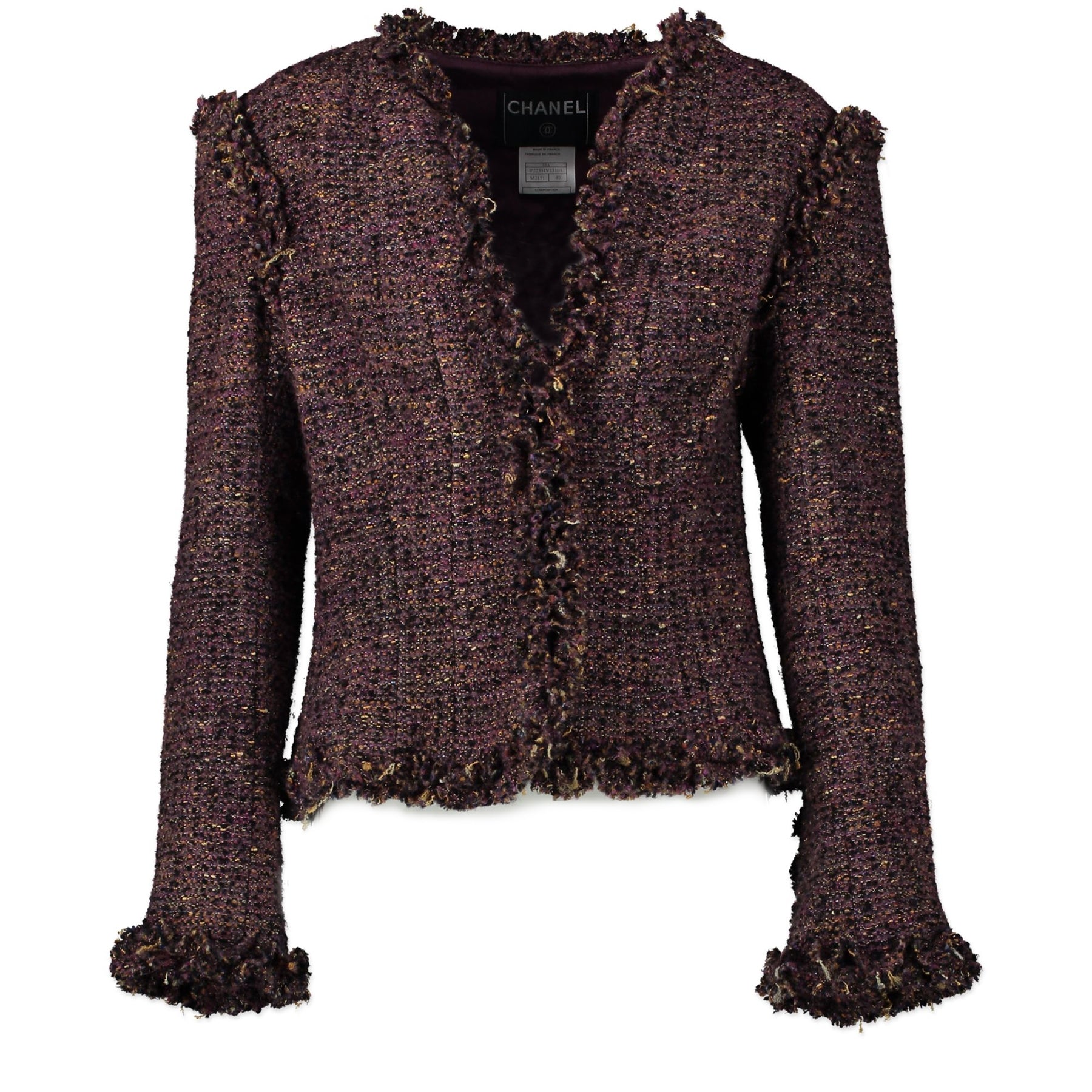 Authentic second-hand vintage Chanel Purple Ruffle Tweed Jacket - size 40 buy online webshop LabelLOV