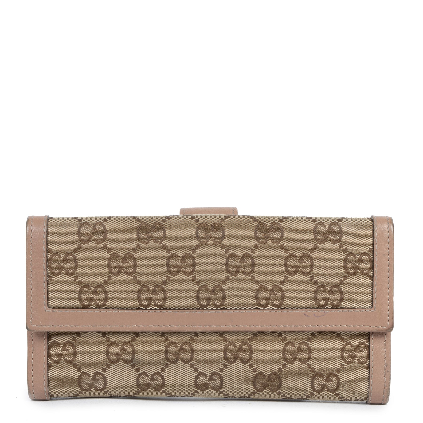 Authentic secondhand Gucci Monogram Canvas Dusty Pink Wallet designer accessories luxury vintage webshop fashion safe secure online shopping worldwide shipping