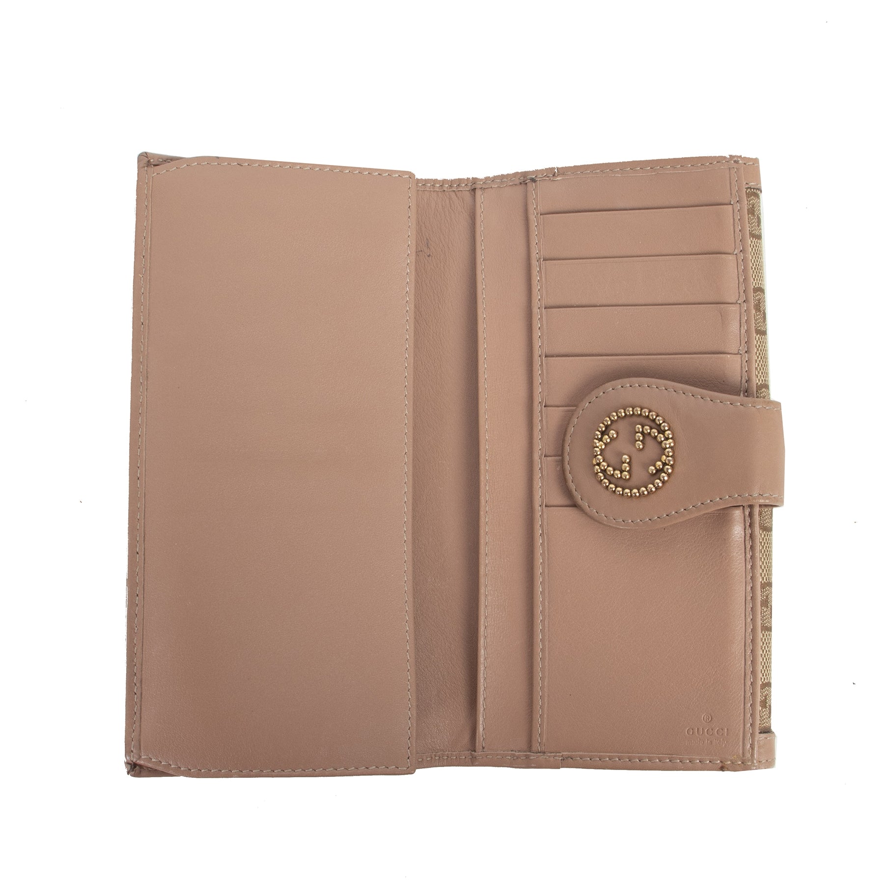 Authentic secondhand Gucci Monogram Canvas Dusty Pink Wallet designer accessories luxury vintage webshop fashion safe secure online shopping worldwide shipping