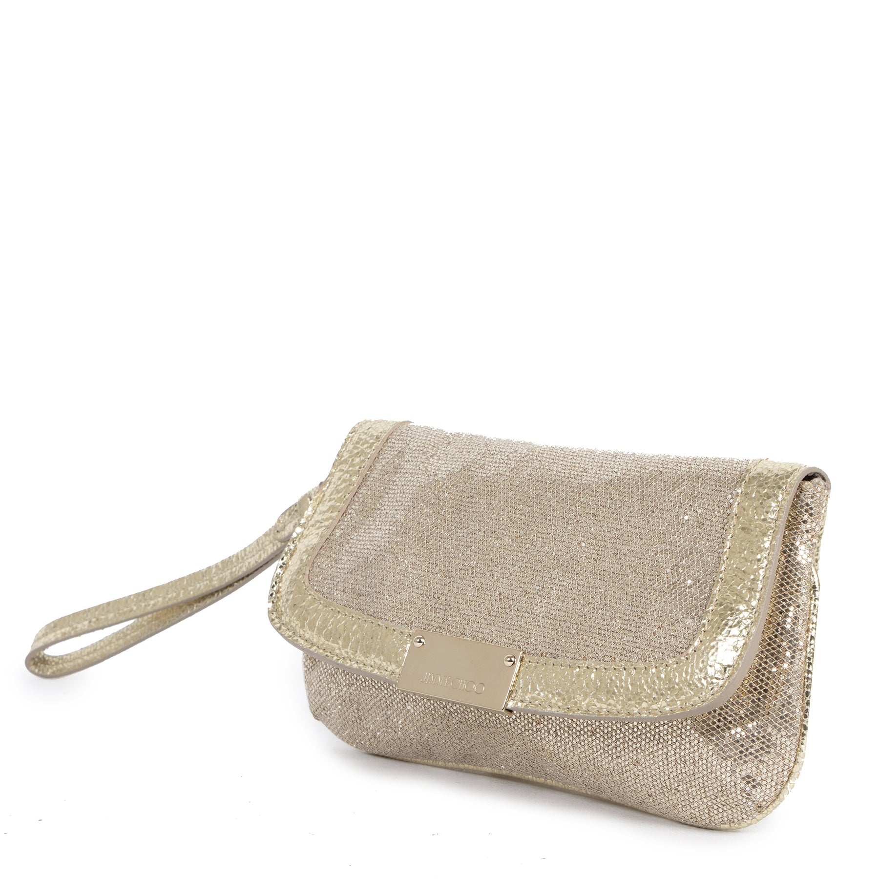 Authentic second-hand vintage Jimmy Choo Zeta Gold Glitter Clutch buy online webshop LabelLOV
