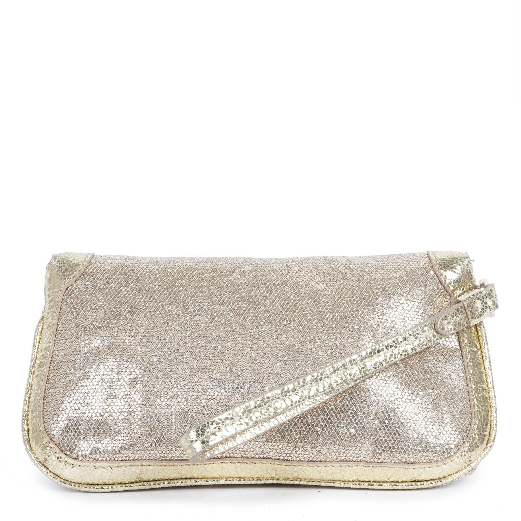 Authentique seconde-main vintage Jimmy Choo Zeta Gold Glitter Clutch achète en ligne webshop LabelLOV