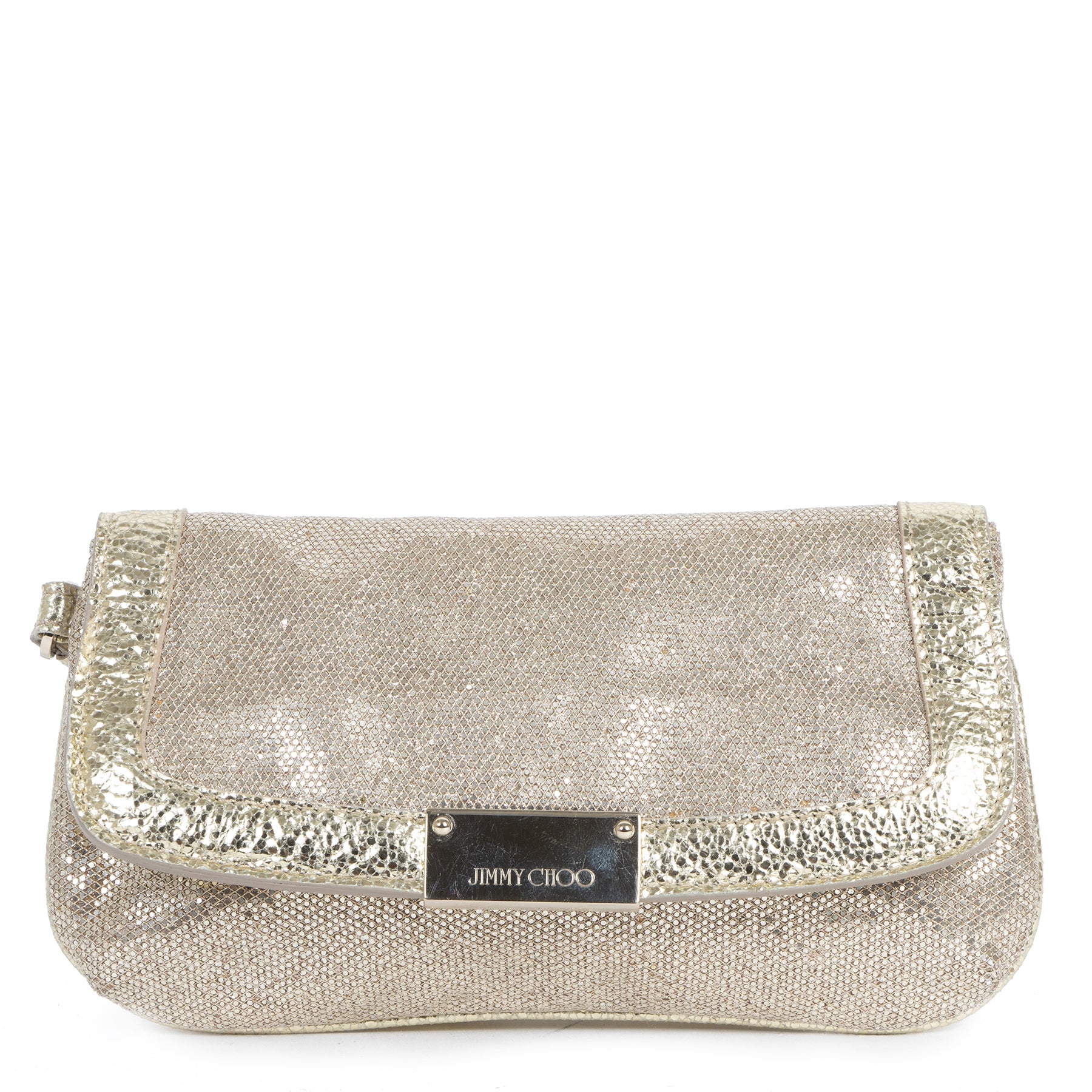 Authentic second-hand vintage Jimmy Choo Zeta Gold Glitter Clutch buy online webshop LabelLOV