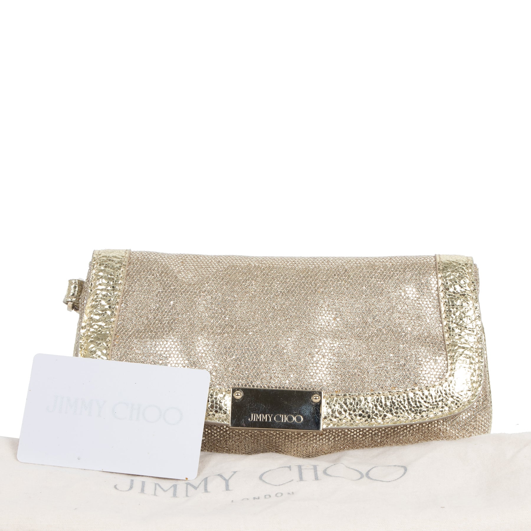 Authentieke tweedehands vintage Jimmy Choo Zeta Gold Glitter Clutch koop online webshop LabelLOV