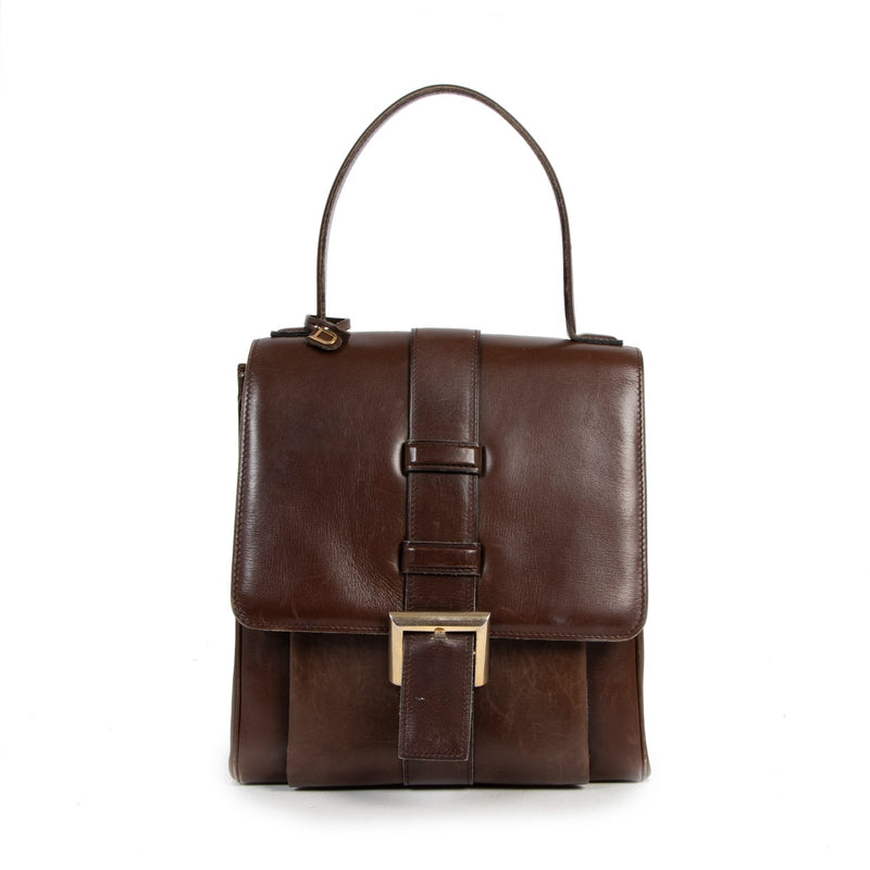 Buy an authentic second-hand Delvaux Brown Box Calf Leather Modèle Déposé Top Handle Bag in good condition at Labellov in Antwerp.
