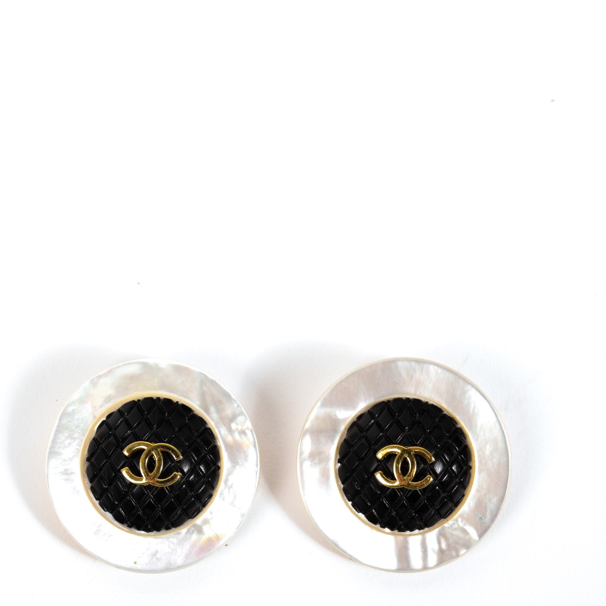 Chanel Vintage CC Mother of Pearl Black Quilted Clip Earrings