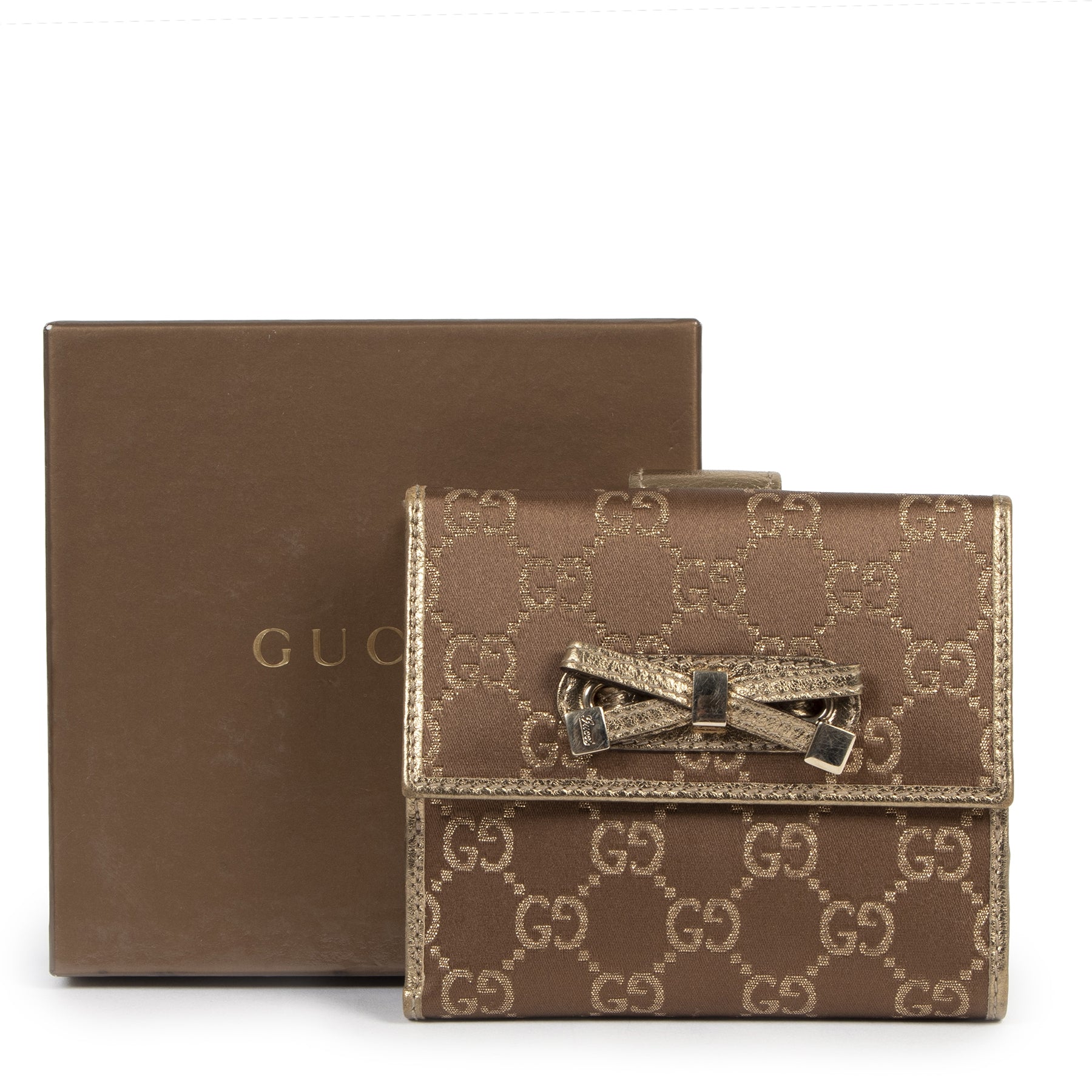 Authentic secondhand Gucci Gold Monogram Princy Compact French Flap Wallet designer accessories luxury vintage webshop fashion designer brands
