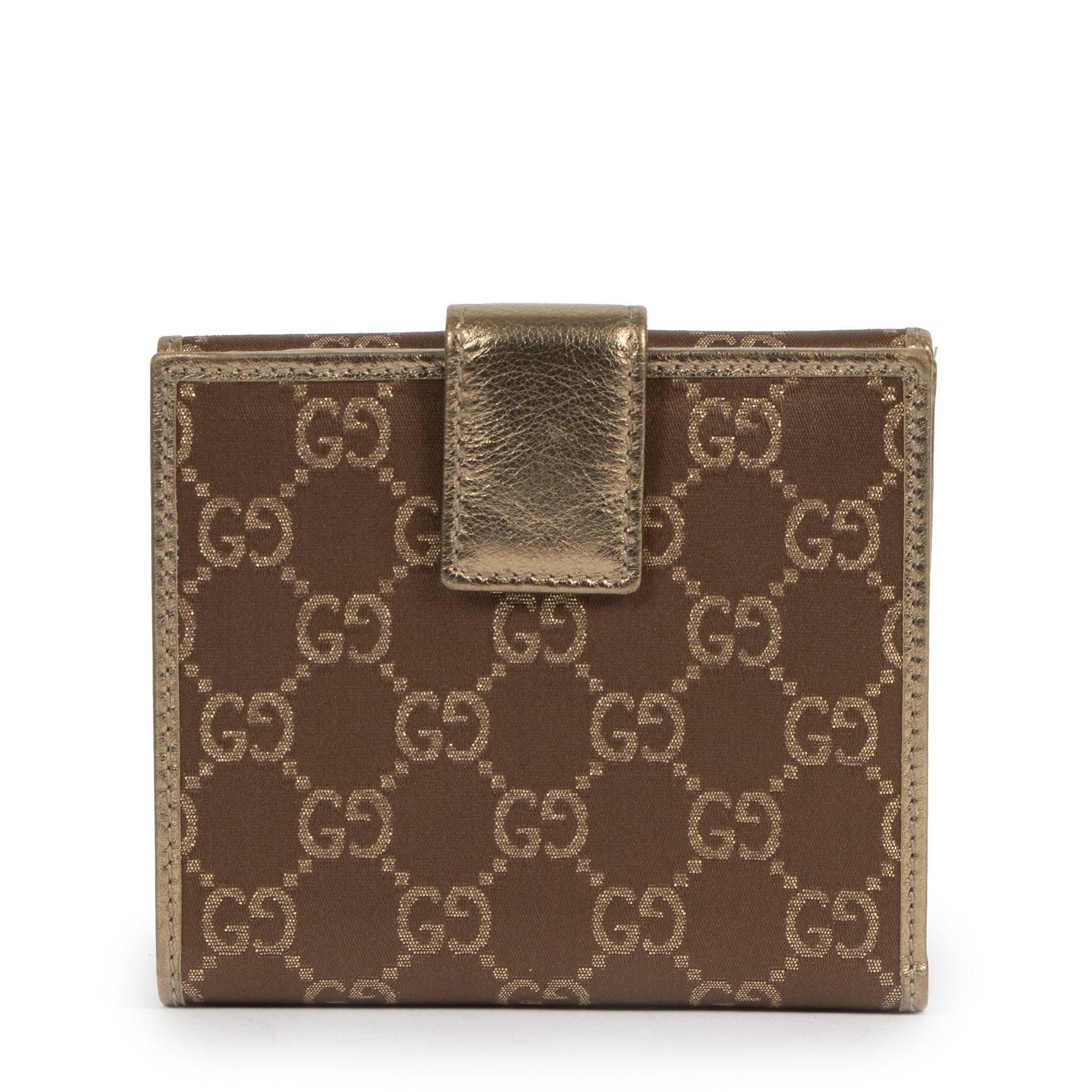 Authentieke Tweedehands Gucci Gold Monogram Princy Compact French Flap Wallet juiste prijs veilig online shoppen luxe merken webshop winkelen Antwerpen België mode fashion
