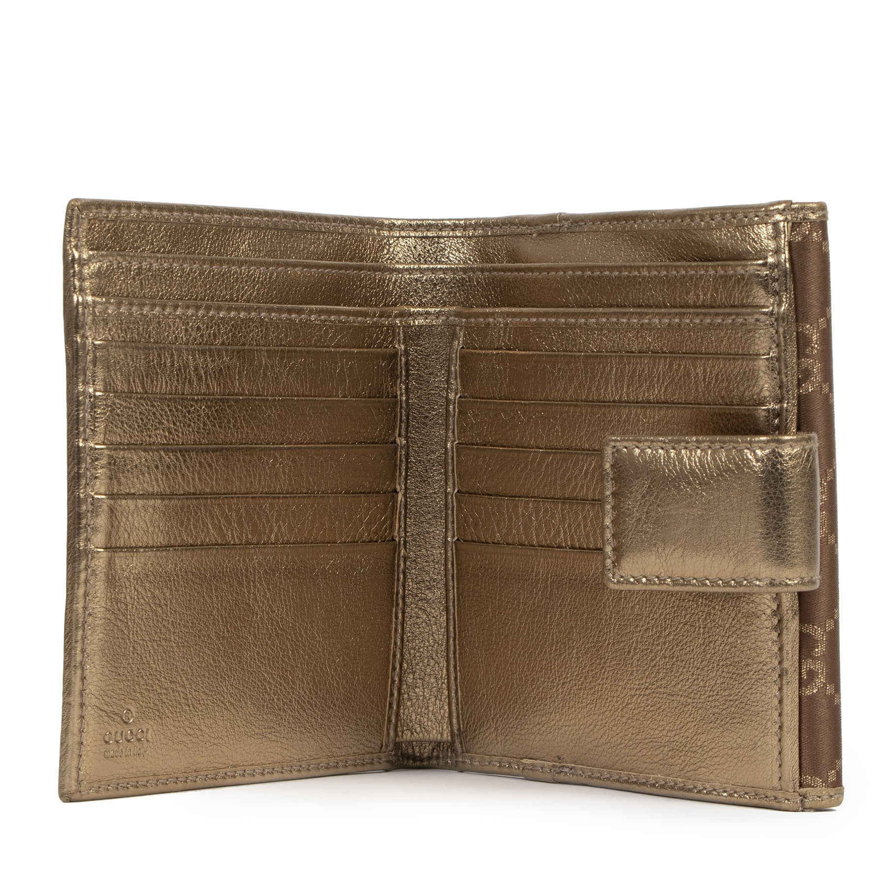 Authentieke Tweedehands Gucci Gold Monogram Princy Compact French Flap Wallet juiste prijs veilig online shoppen luxe merken webshop winkelen Antwerpen België mode fashion