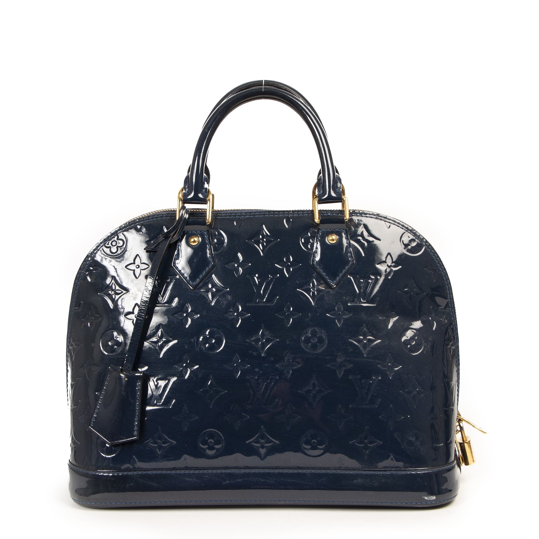 Authentic secondhand Louis Vuitton Blue Vernis Alma PM designer bags luxury vintage webshop fashion safe secure online shopping