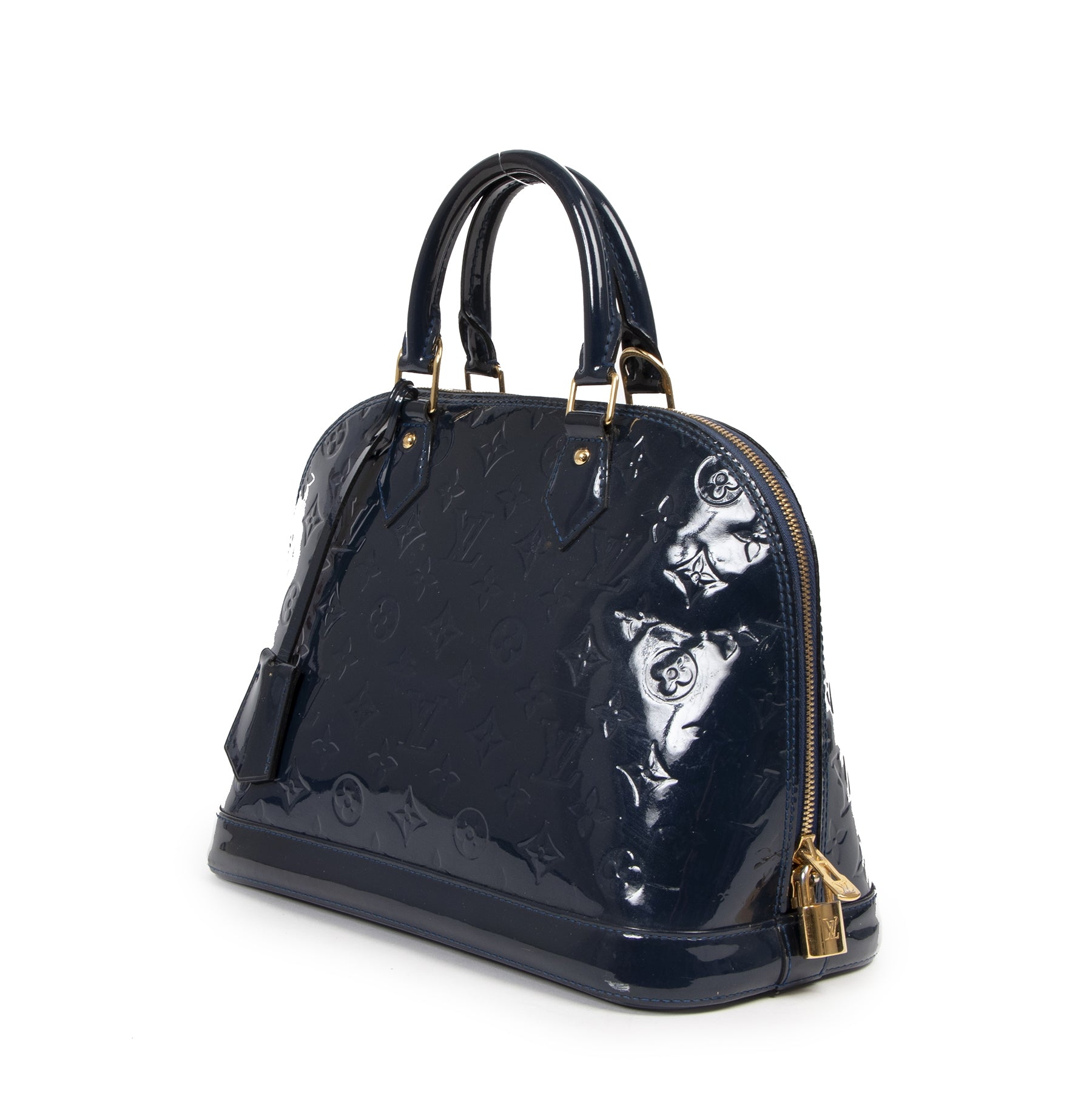 Authentieke Tweedehands Louis Vuitton Blue Vernis Alma PM juiste prijs veilig online shoppen luxe merken webshop winkelen Antwerpen België mode fashion