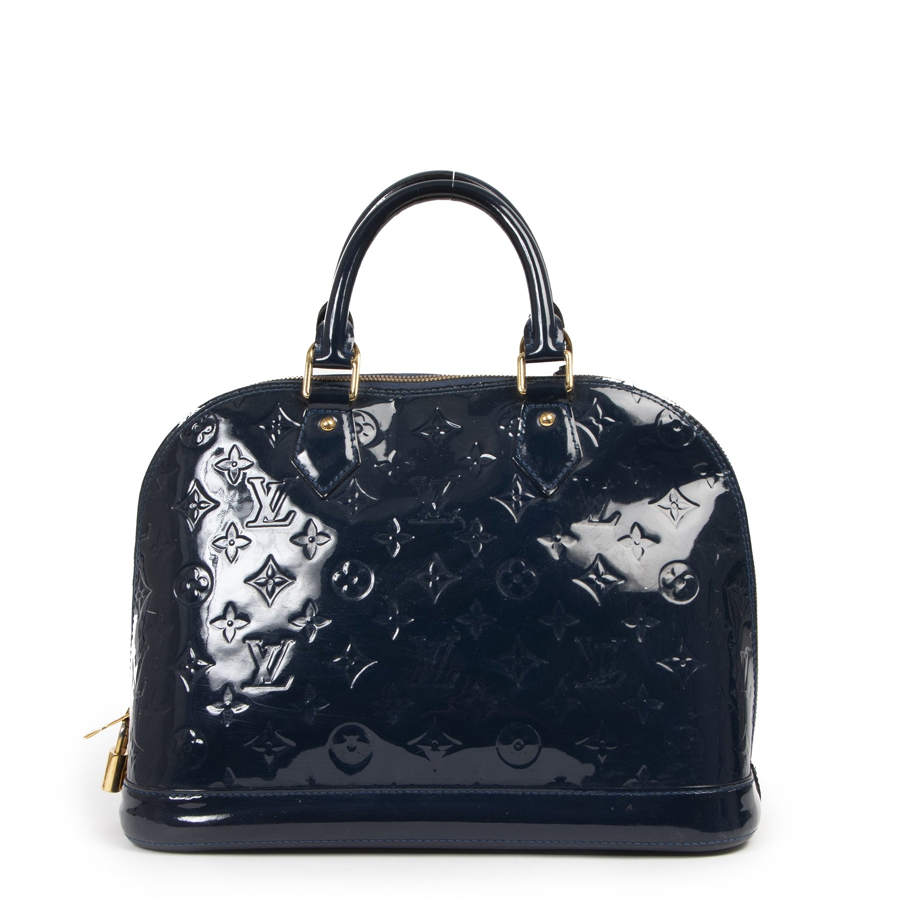 Authentieke Tweedehands Louis Vuitton Blue Vernis Alma PM juiste prijs veilig online shoppen luxe merken webshop winkelen Antwerpen België mode fashion