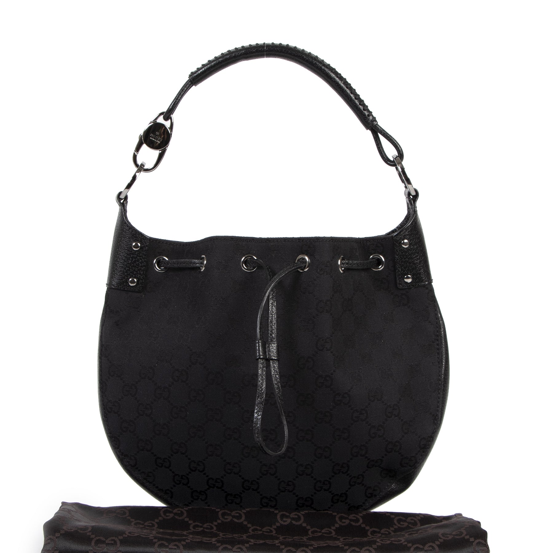 Authentic secondhand Gucci Black Mongram Canvas Drawstring Bag designer bags fashion luxury vintage webshop safe secure online shopping