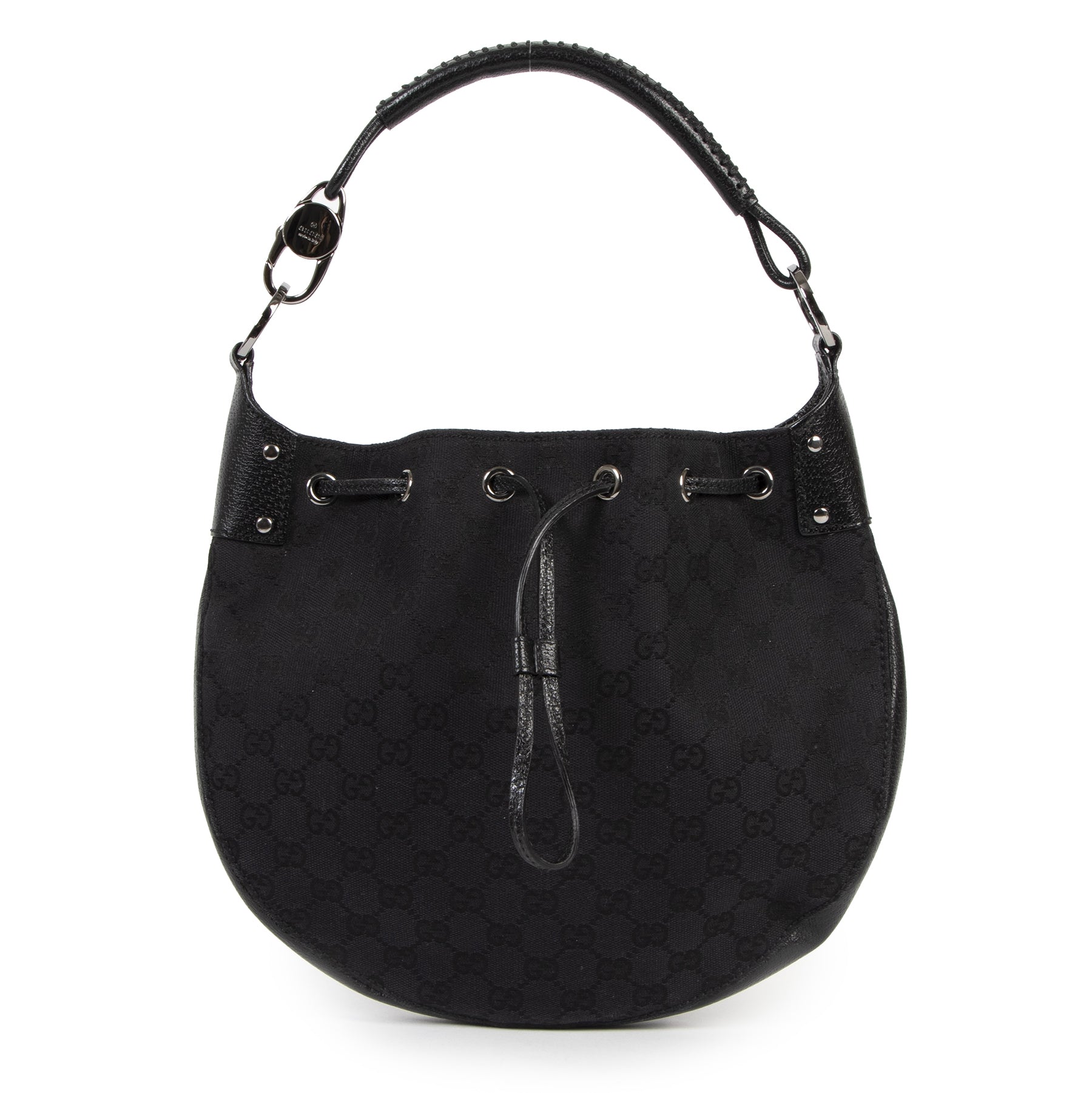 Authentieke Tweedehands Gucci Black Mongram Canvas Drawstring Bag juiste prijs veilig online shoppen luxe merken webshop winkelen Antwerpen België mode fashion