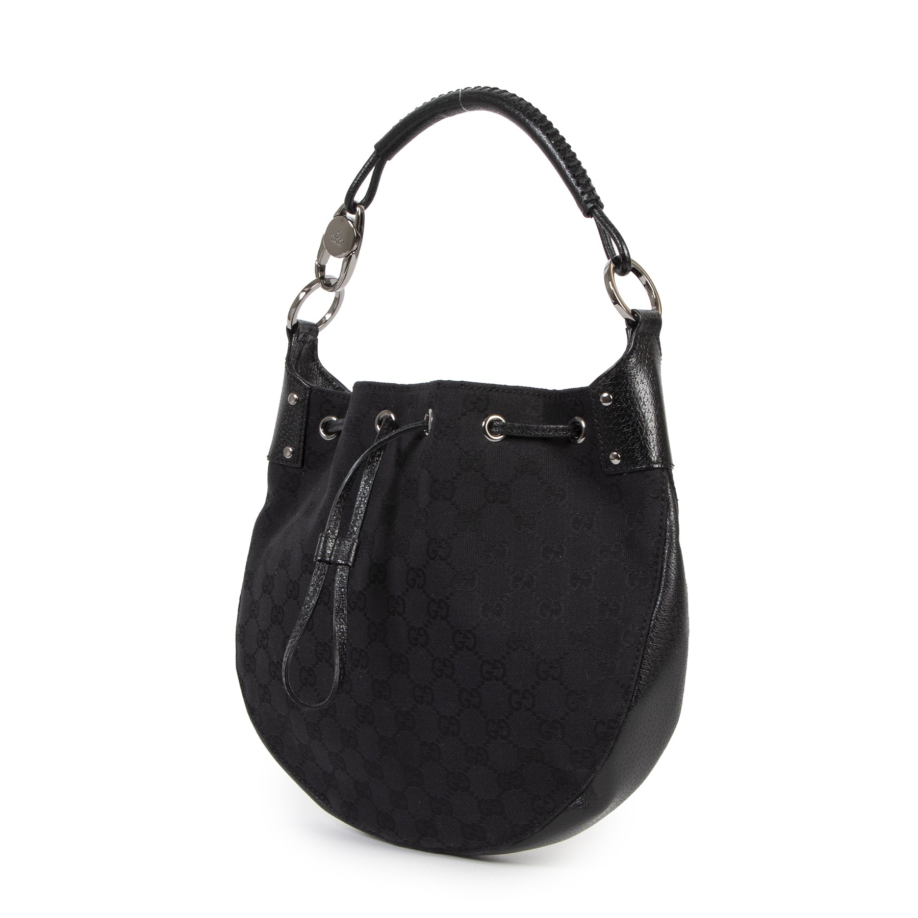 Authentieke Tweedehands Gucci Black Mongram Canvas Drawstring Bag juiste prijs veilig online shoppen luxe merken webshop winkelen Antwerpen België mode fashion
