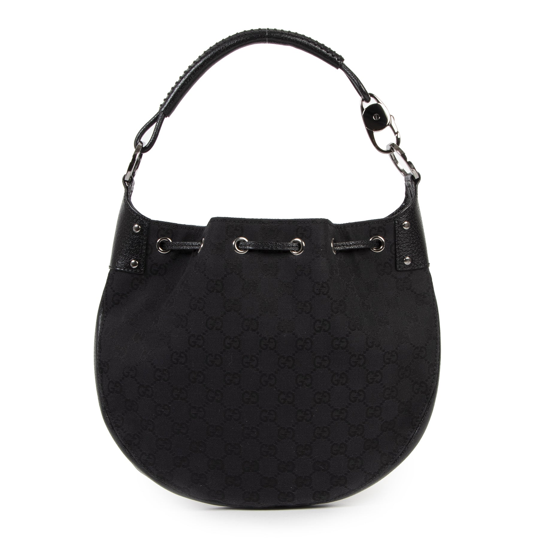 Authentic secondhand Gucci Black Mongram Canvas Drawstring Bag designer bags fashion luxury vintage webshop safe secure online shopping