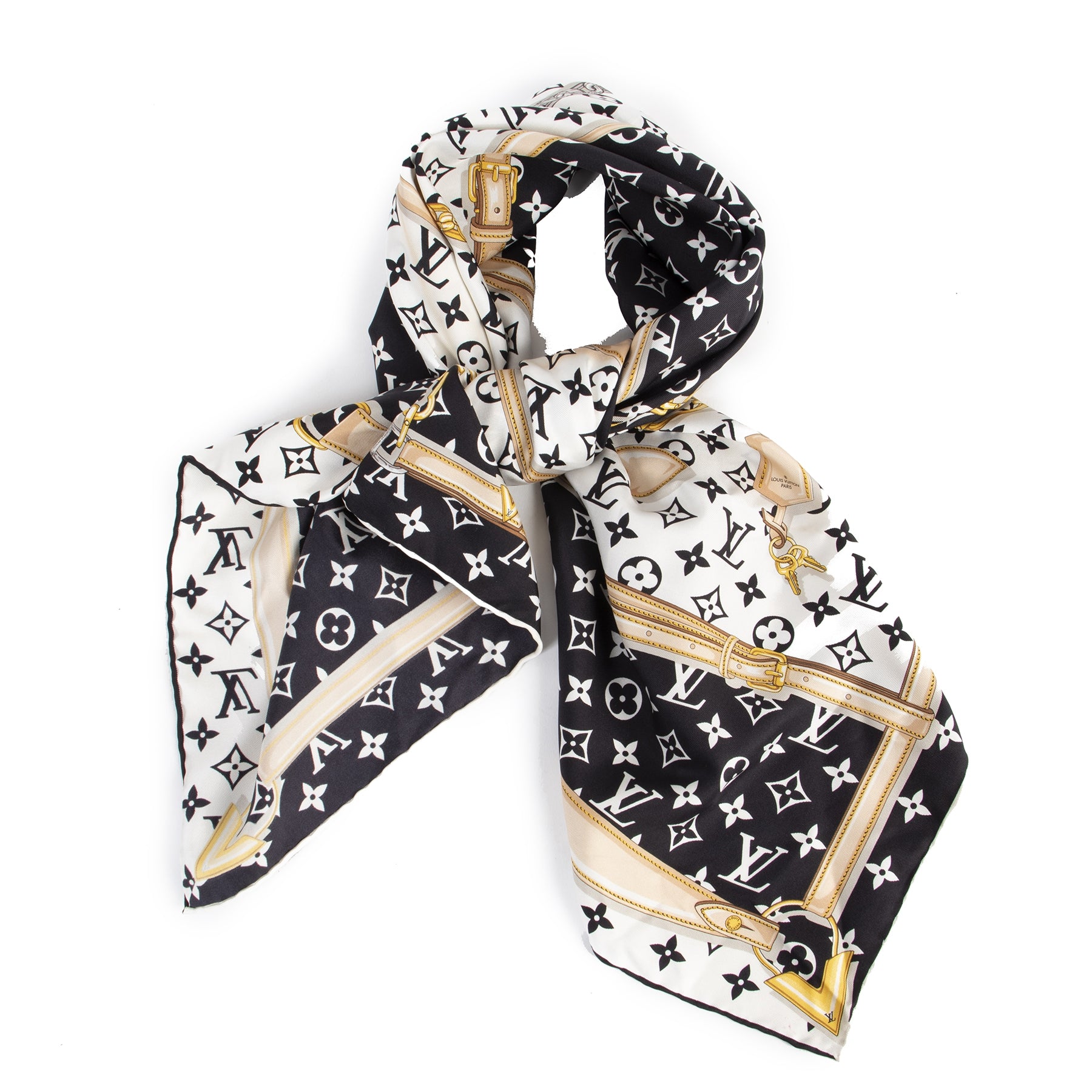 Authentieke Tweedehands Louis Vuitton Black Monogram Confidential Square Iconic Silk Scarf juiste prijs veilig online shoppen luxe merken webshop winkelen Antwerpen België mode fashion