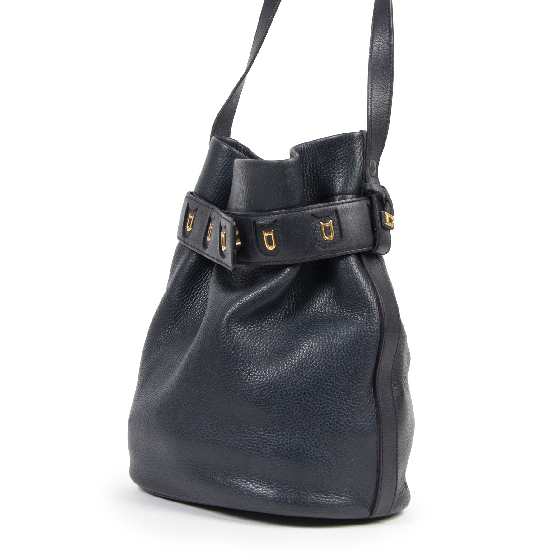 Authentieke Tweedehands Delvaux Dark Blue Leather Bucket Bag juiste prijs veilig online shoppen luxe merken webshop winkelen Antwerpen België mode fashion