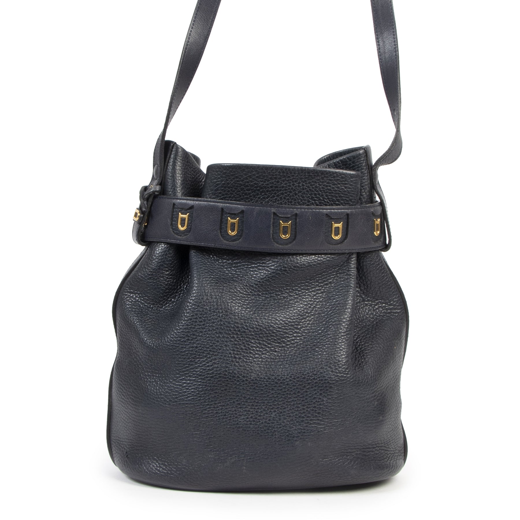 Authentieke Tweedehands Delvaux Dark Blue Leather Bucket Bag juiste prijs veilig online shoppen luxe merken webshop winkelen Antwerpen België mode fashion