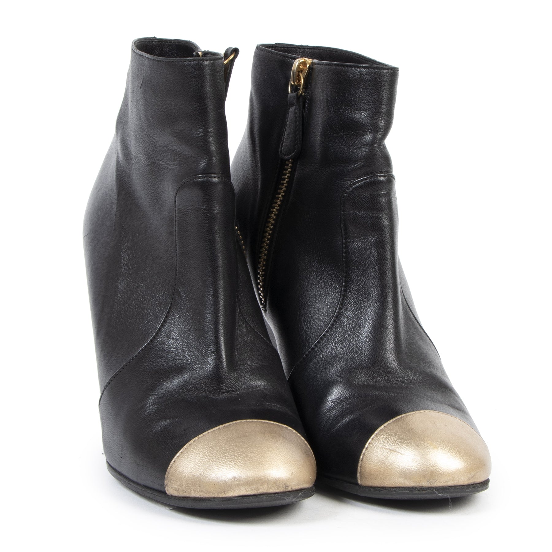 Authentic secondhand Chanel Black Leather Wedge Boots Gold Toe - Size 37 designer shoes high heels ankle boots fashion luxury vintage webshop safe secure online shopping