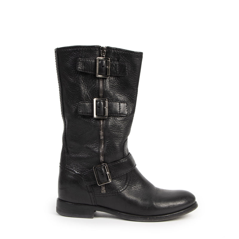 Authentieke Tweedehands Prada Black Leather Zip Up Boots - Size 36 juiste prijs veilig online shoppen luxe merken webshop winkelen Antwerpen België mode fashion