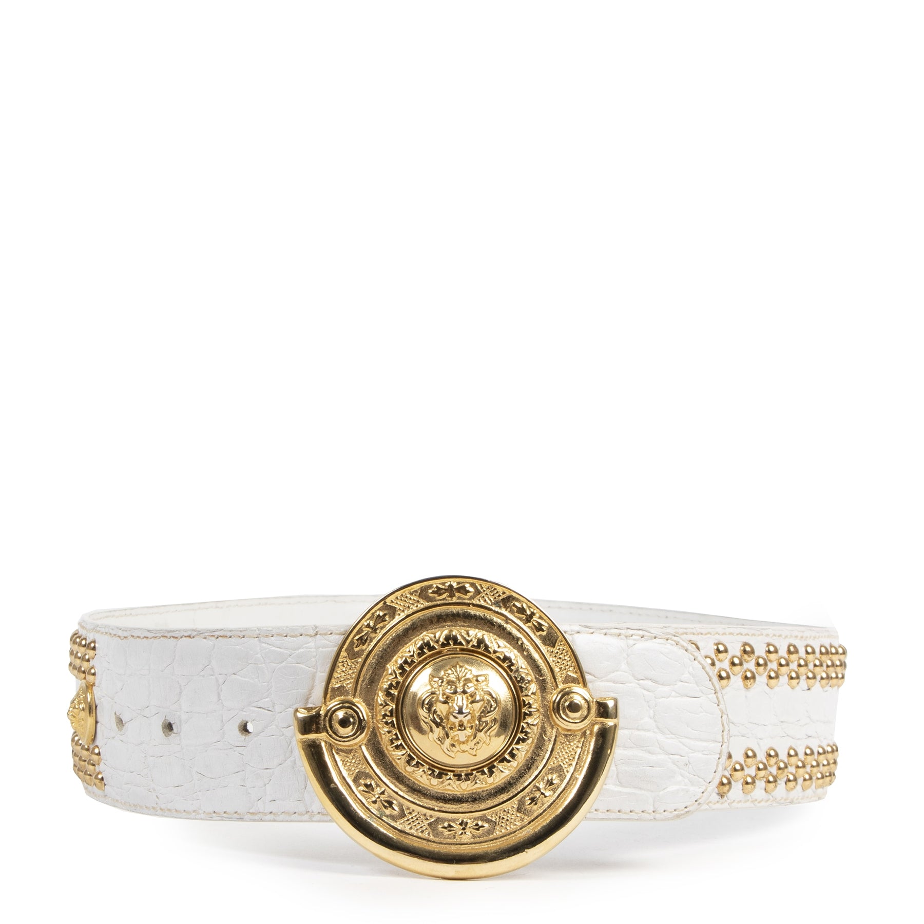 Authentieke Tweedehands Versus Versace White Gold Studded Belt - Size 85 juiste prijs veilig online shoppen luxe merken webshop winkelen Antwerpen België mode fashion