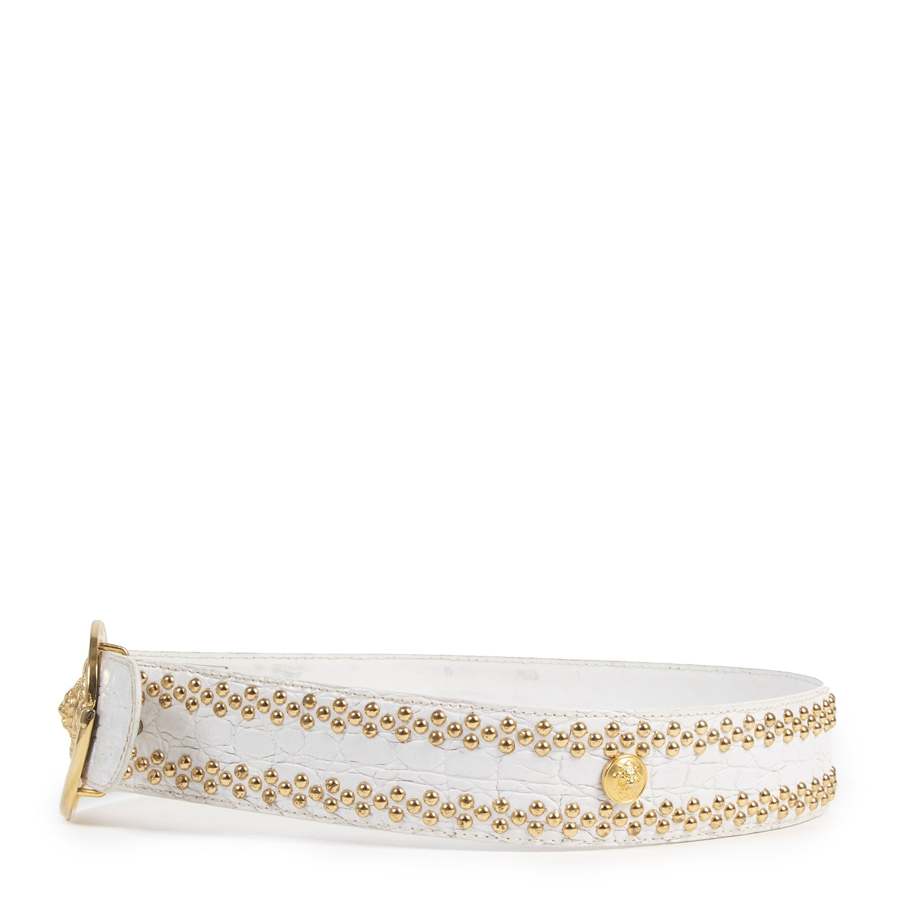 Authentieke Tweedehands Versus Versace White Gold Studded Belt - Size 85 juiste prijs veilig online shoppen luxe merken webshop winkelen Antwerpen België mode fashion