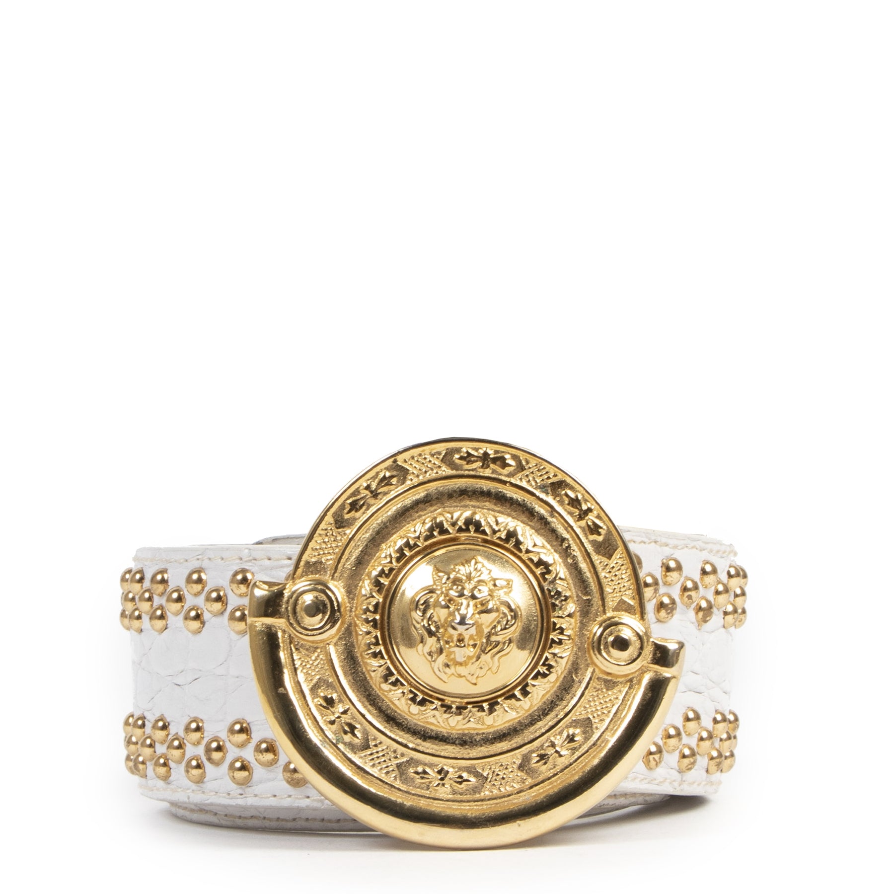 Authentic secondhand Versus Versace White Gold Studded Belt - Size 85 designer accessories fashion luxury vintage webshop designer brands safe secure online shopping