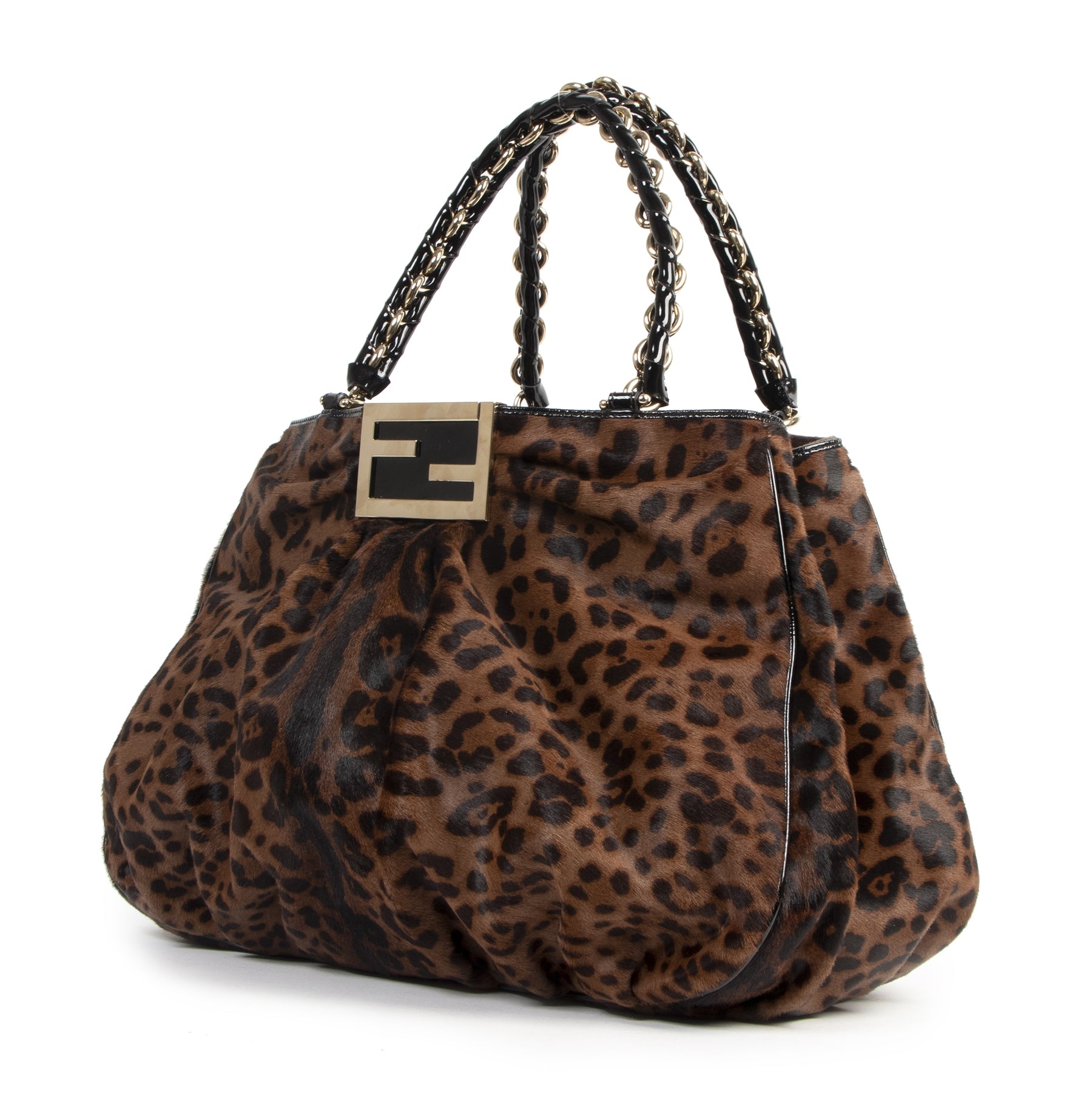 Authentieke Tweedehands Fendi Leopard Print Ponyhair Patent Leather Tote juiste prijs veilig online shoppen luxe merken webshop winkelen Antwerpen België mode fashion