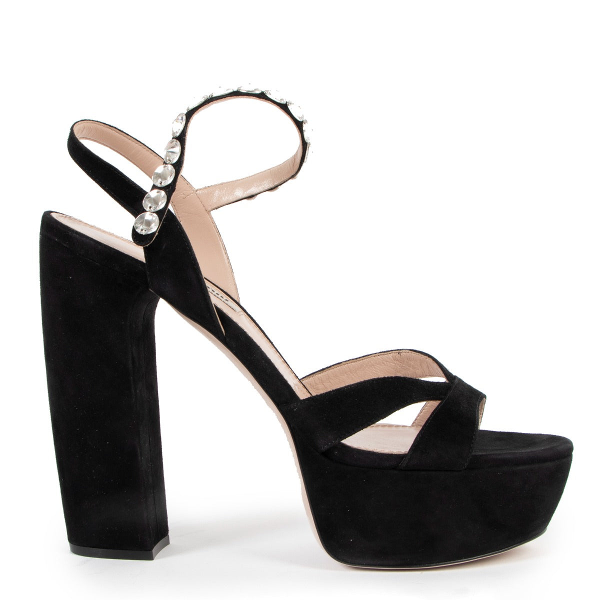 Miu Miu Black Suede Crystal Embellished Platform Sandals