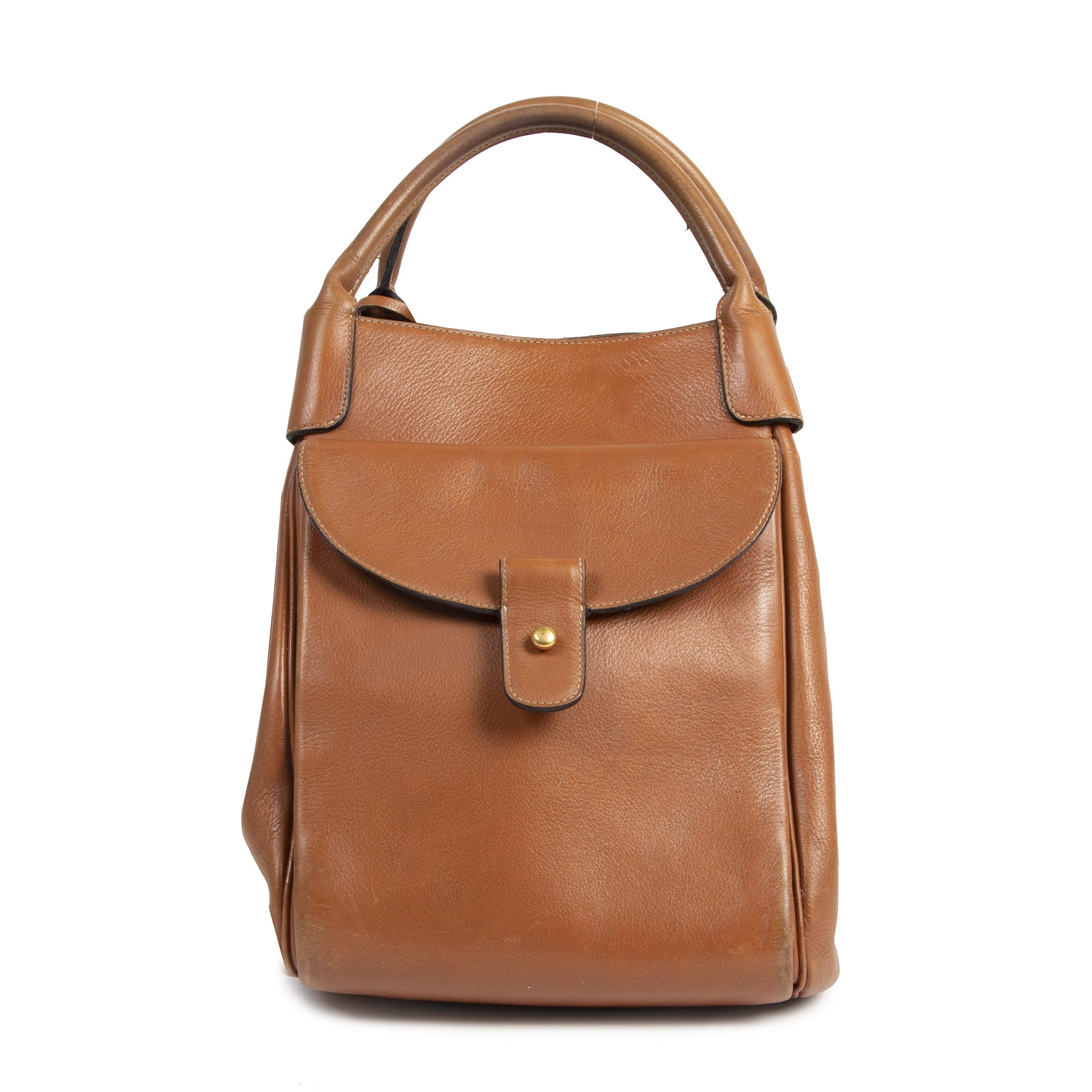Authentieke Tweedehands Delvaux Camel Leather Bucket Bag juiste prijs veilig online shoppen luxe merken webshop winkelen Antwerpen België mode fashion
