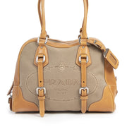 Authentieke Tweedehands Prada Jacquard Canvas Logo Shoulder Bag juiste prijs veilig online shoppen luxe merken webshop winkelen Antwerpen België mode fashion