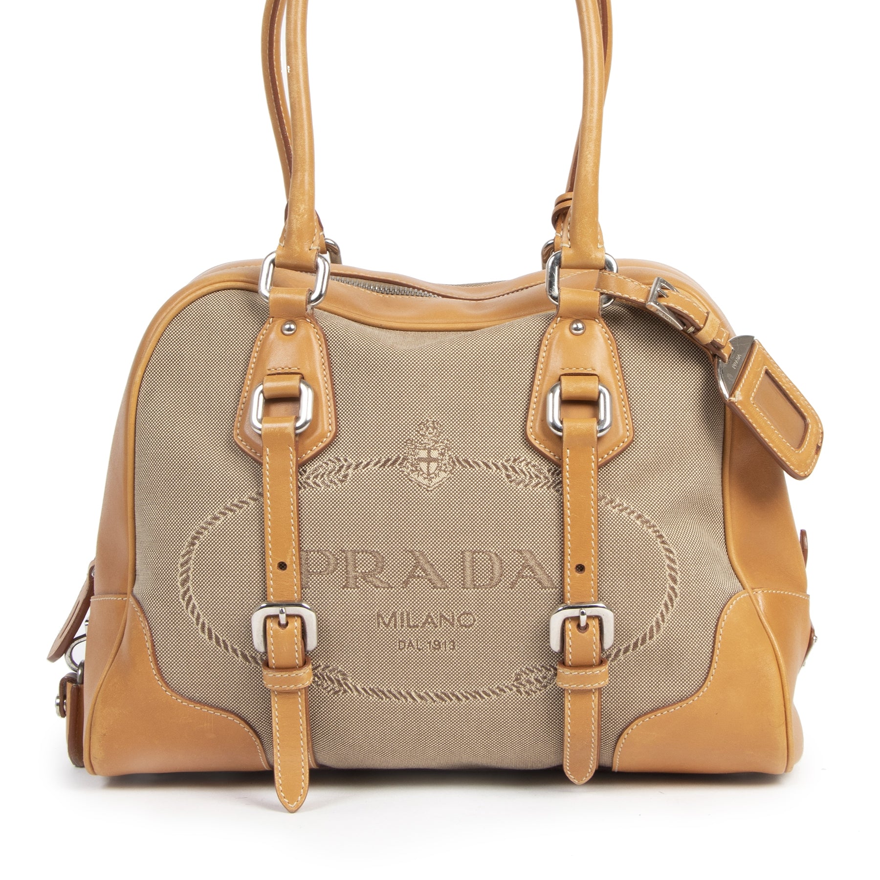 Authentieke Tweedehands Prada Jacquard Canvas Logo Shoulder Bag juiste prijs veilig online shoppen luxe merken webshop winkelen Antwerpen België mode fashion