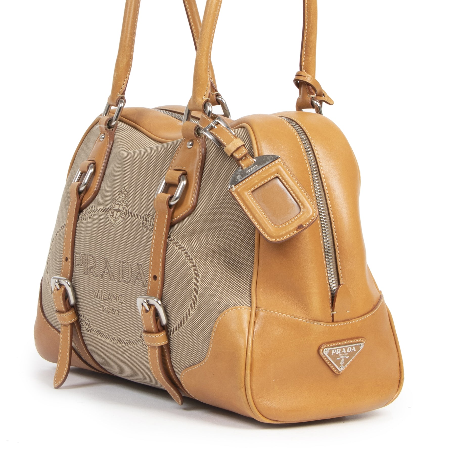 Authentieke Tweedehands Prada Jacquard Canvas Logo Shoulder Bag juiste prijs veilig online shoppen luxe merken webshop winkelen Antwerpen België mode fashion