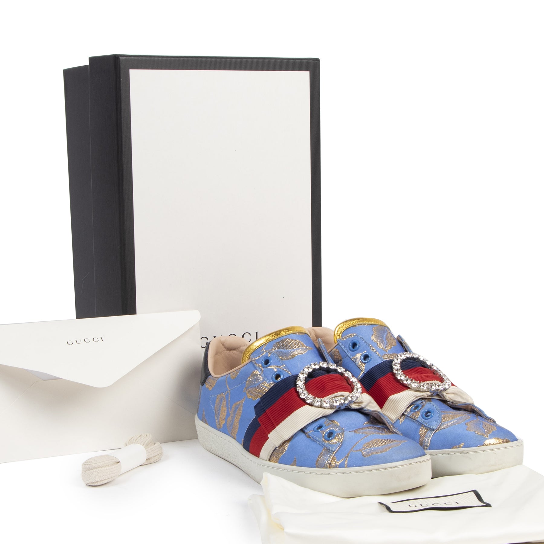 Authentic secondhand Gucci Blue Ace Lurex Jacquard Sneakers designer bags luxury vintage webshop fashion safe secure online shopping