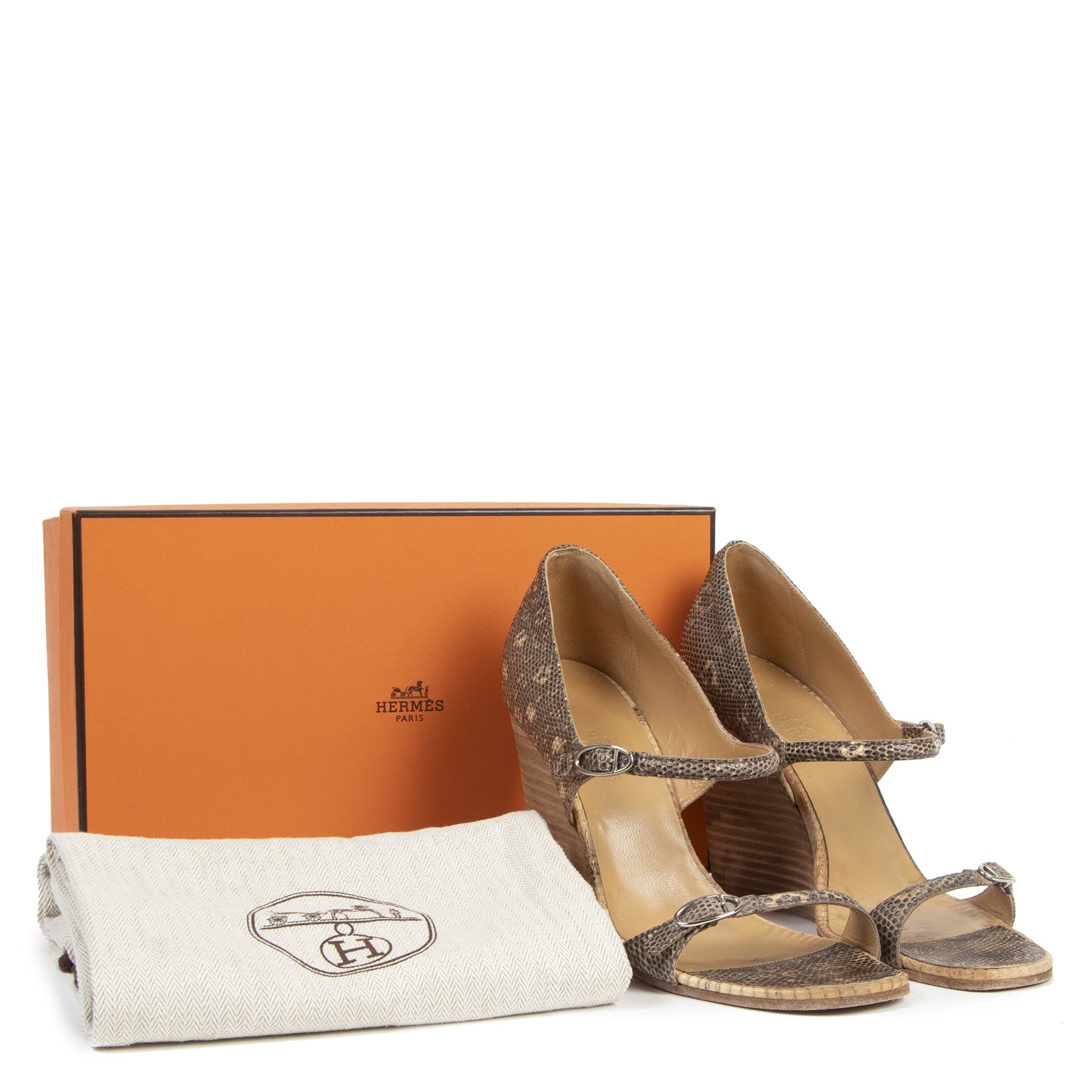 Authentic secondhand Hermès Strappy Lizard & Leather Wedge Sandal - Size 38,5 luxury vintage webshop fashion