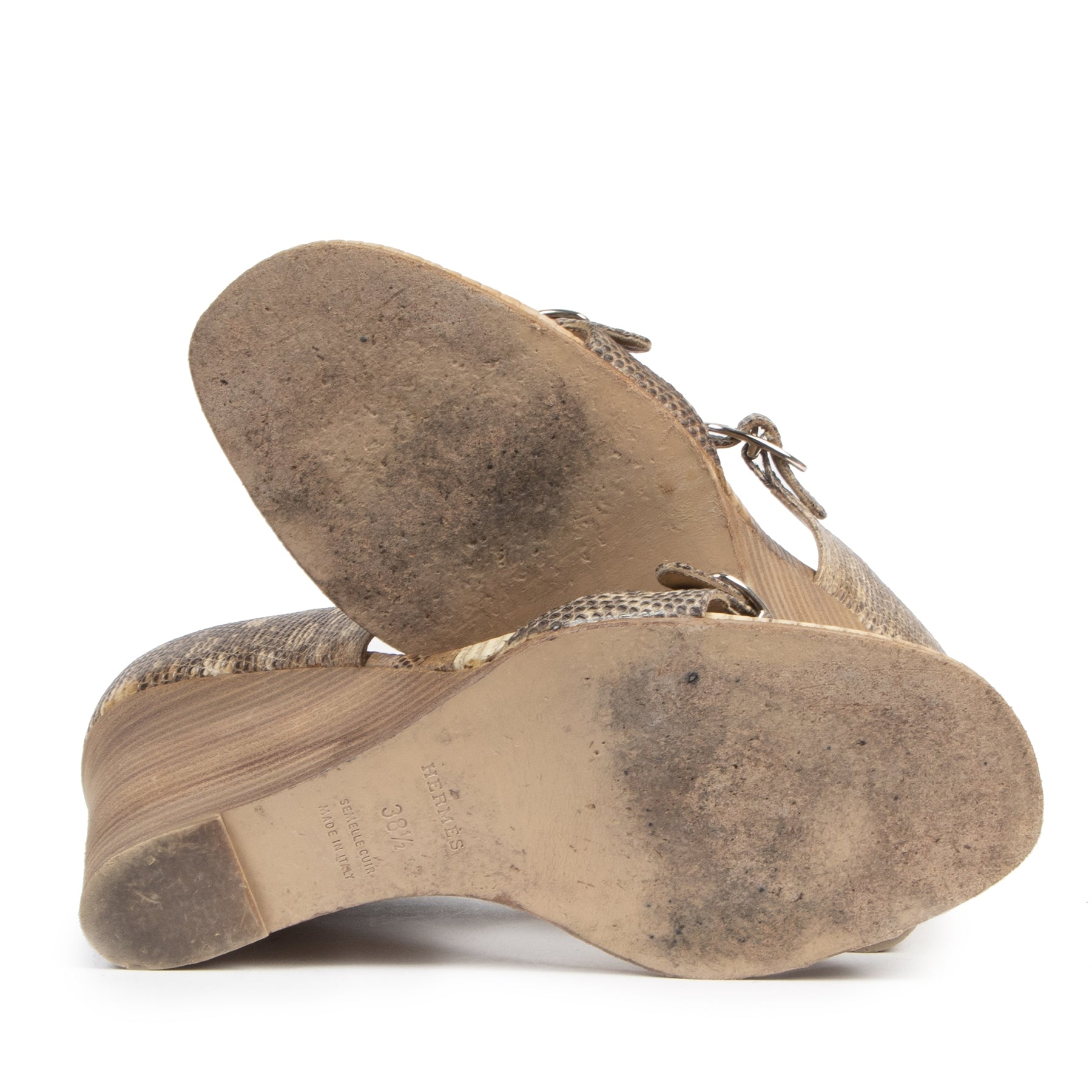 Authentieke Tweedehands Hermès Strappy Lizard & Leather Wedge Sandal - Size 38,5 juiste prijs veilig online shoppen luxe merken webshop