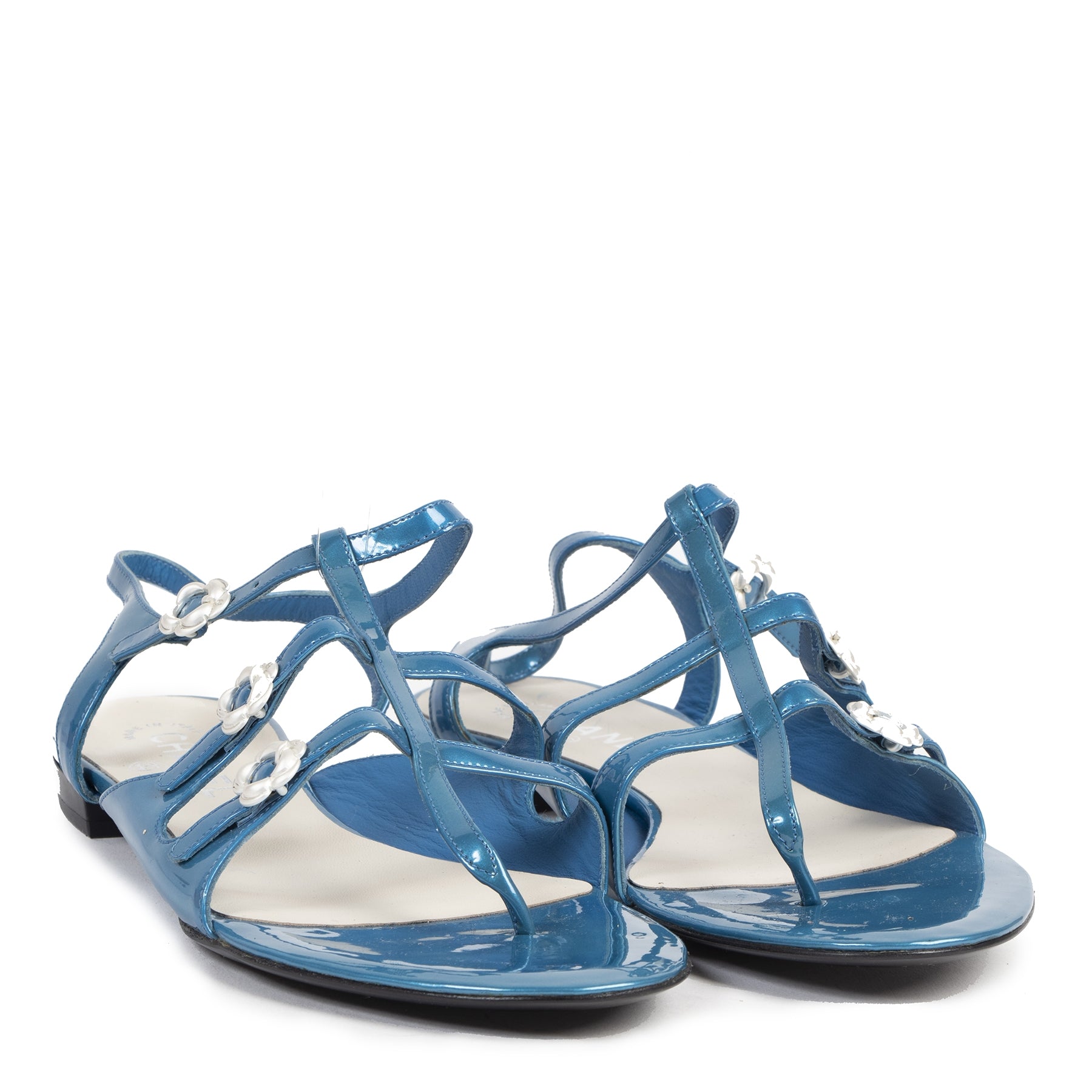 Authentic secondhand Chanel Blue Patent Leather Sandals - Size 40 designer luxury vintage webshop fashion safe secure online shopping
