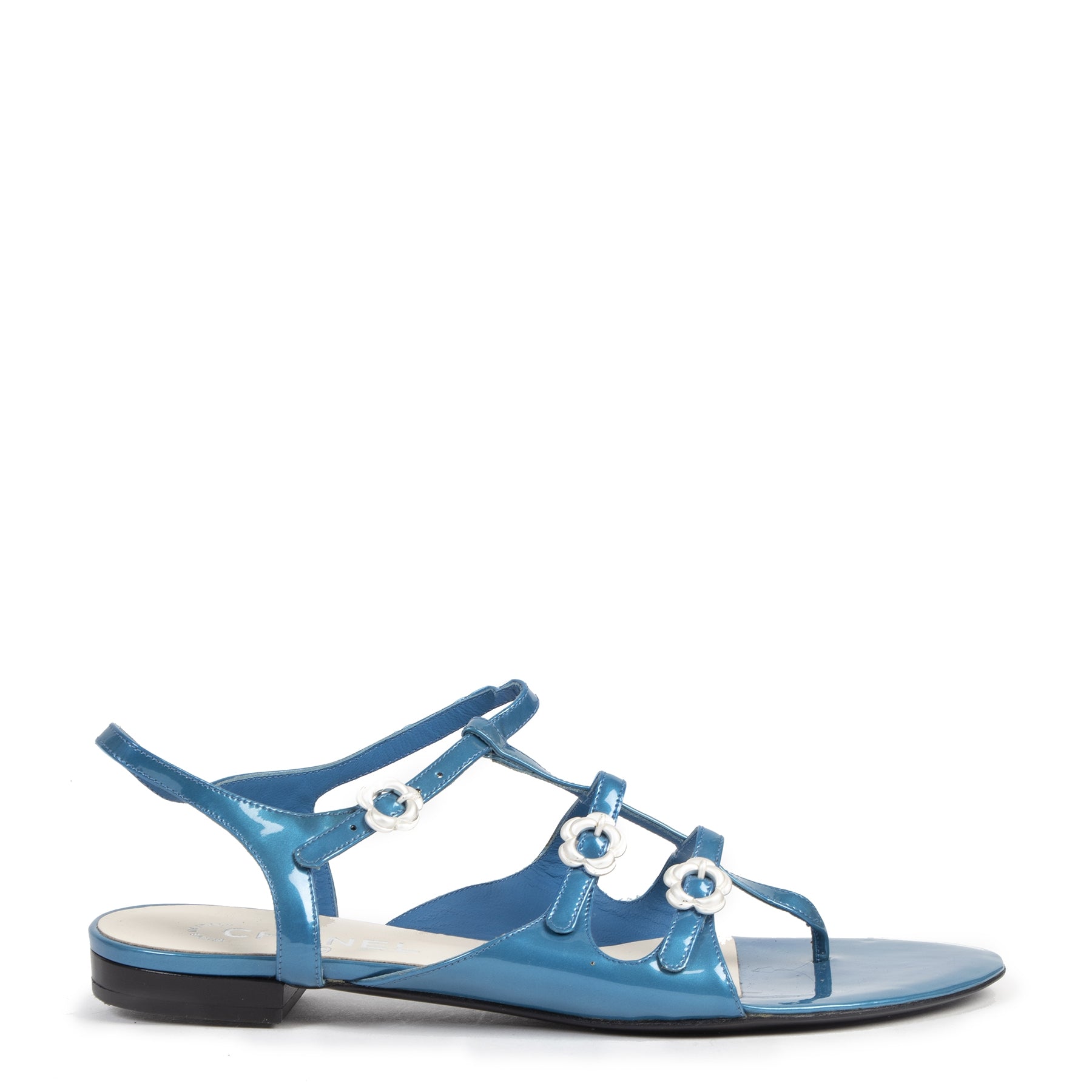 Authentieke Tweedehands Chanel Blue Patent Leather Sandals - Size 40 juiste prijs veilig online shoppen luxe merken webshop winkelen Antwerpen België mode fashion
