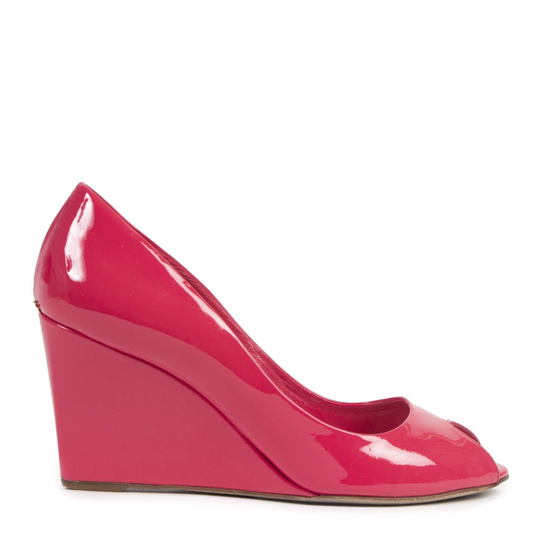 Authentieke Tweedehands ior Candy Pink Patent Peep Toe Wedge Pumps - Size 40 juiste prijs veilig online shoppen luxe merken webshop winkelen Antwerpen België mode fashion