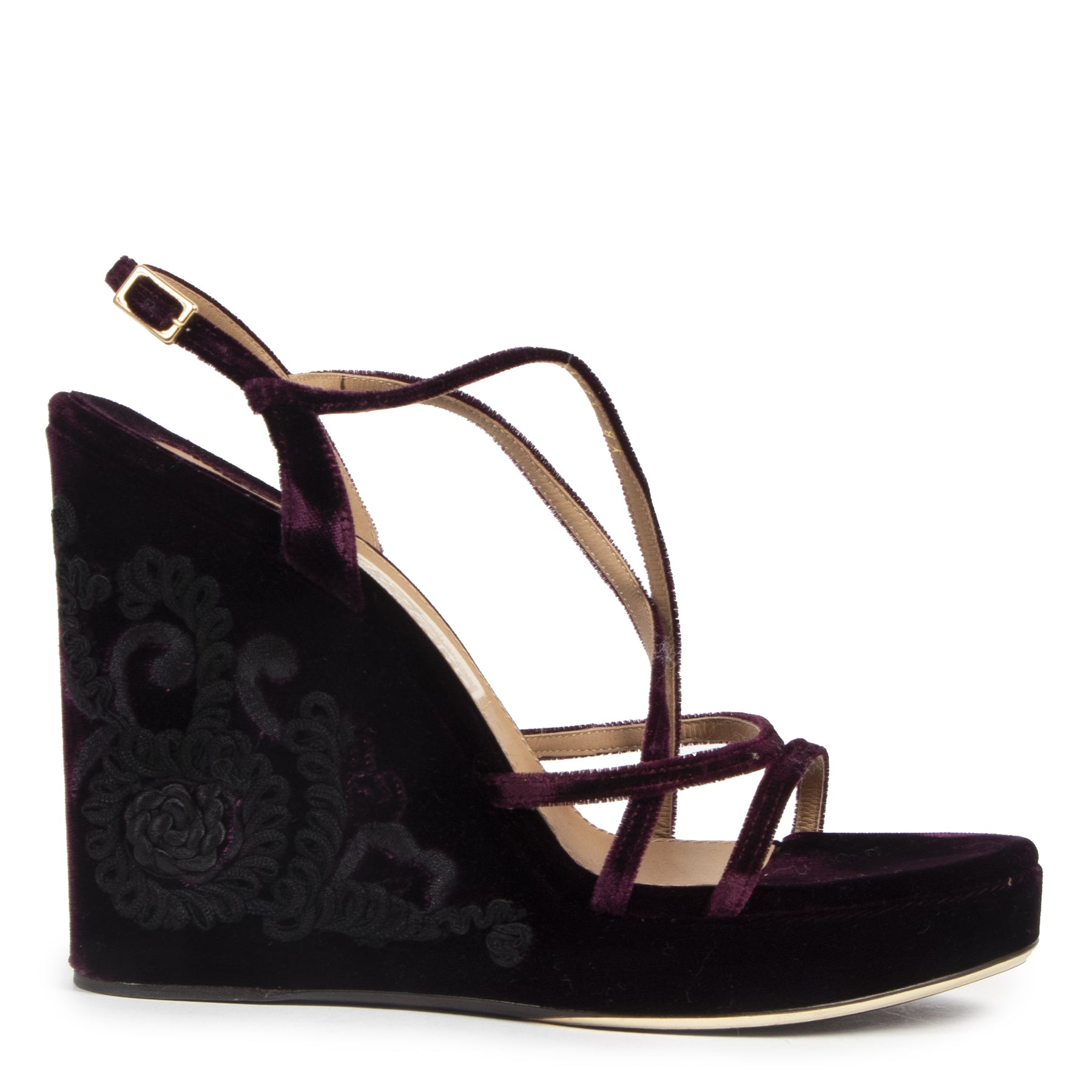Authentic second-hand vintage Salvatore Ferragamo Purple Velvet Embroidered Wedges - Size 39 buy online webshop LabelLOV