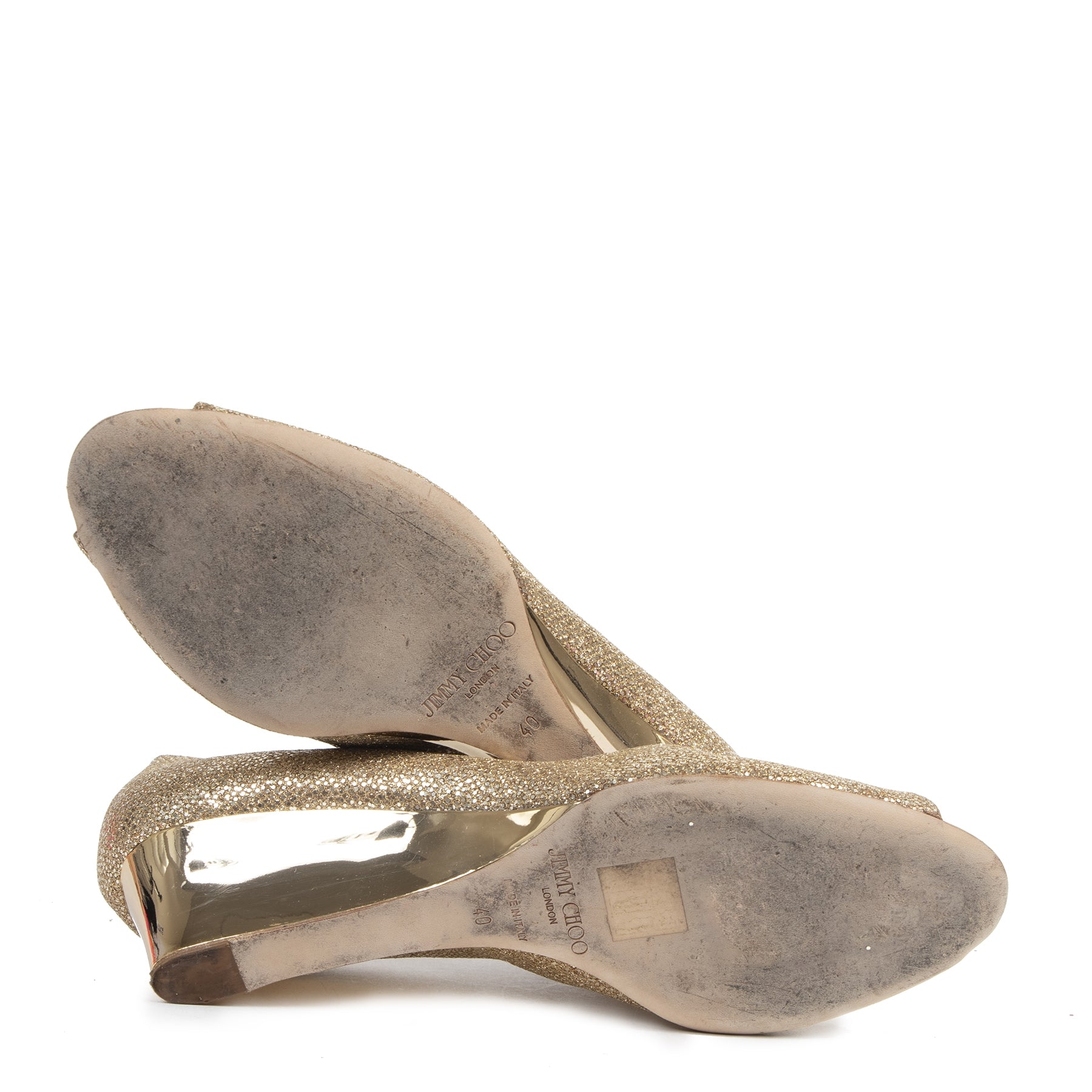 Authentieke Tweedehands Jimmy Choo Gold Glitter Wedge Heels - Size 40 juiste prijs veilig online shoppen luxe merken webshop winkelen Antwerpen België mode fashion